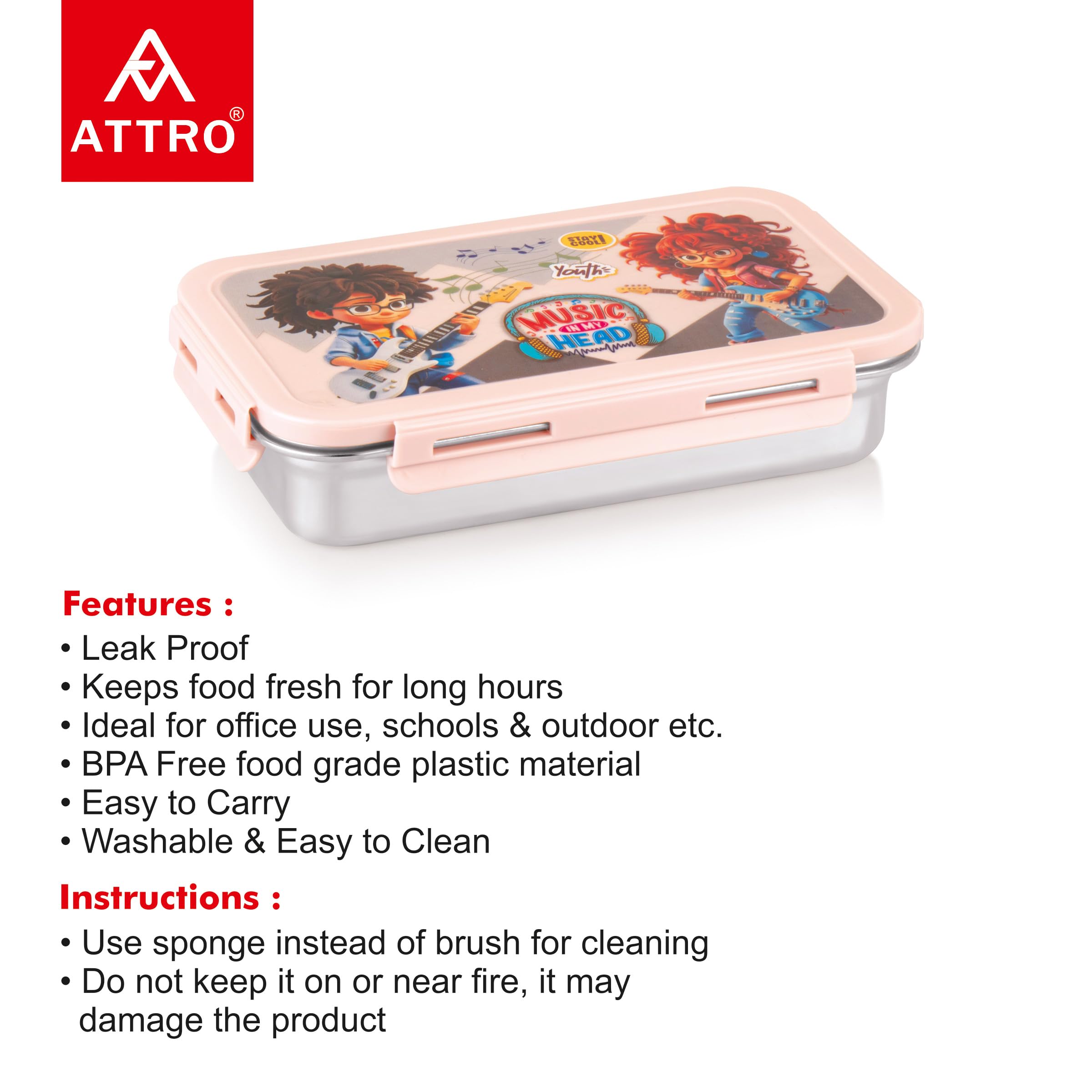 Attro Brunch Stainless Steel Lunch Box - Pink -2