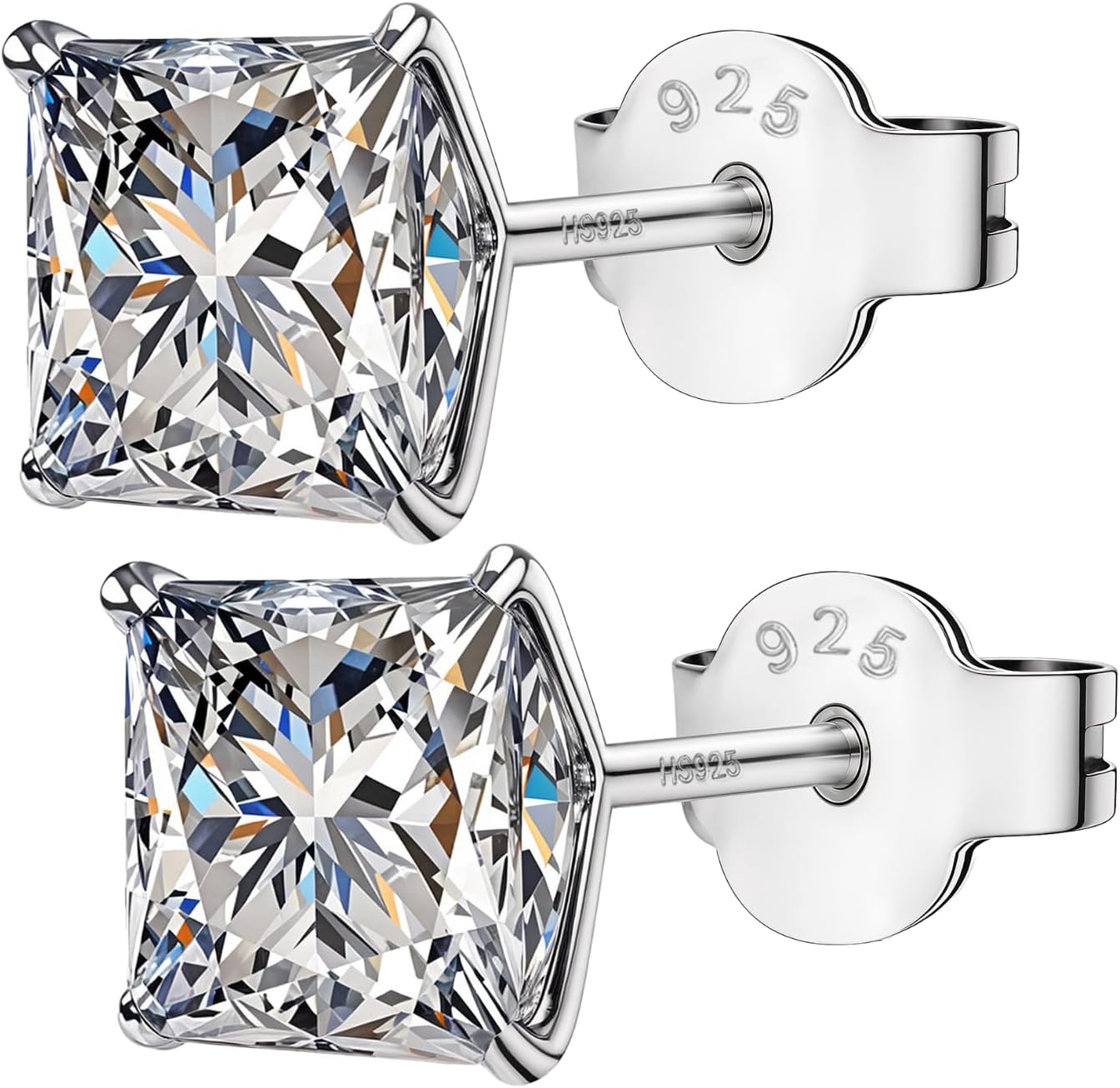 925 Silver Square Solitaire Stud Earrings | 92.5 Sterling Silver & Square Brilliant Cubic Zirconia Tops for Men Women Boys & Girls