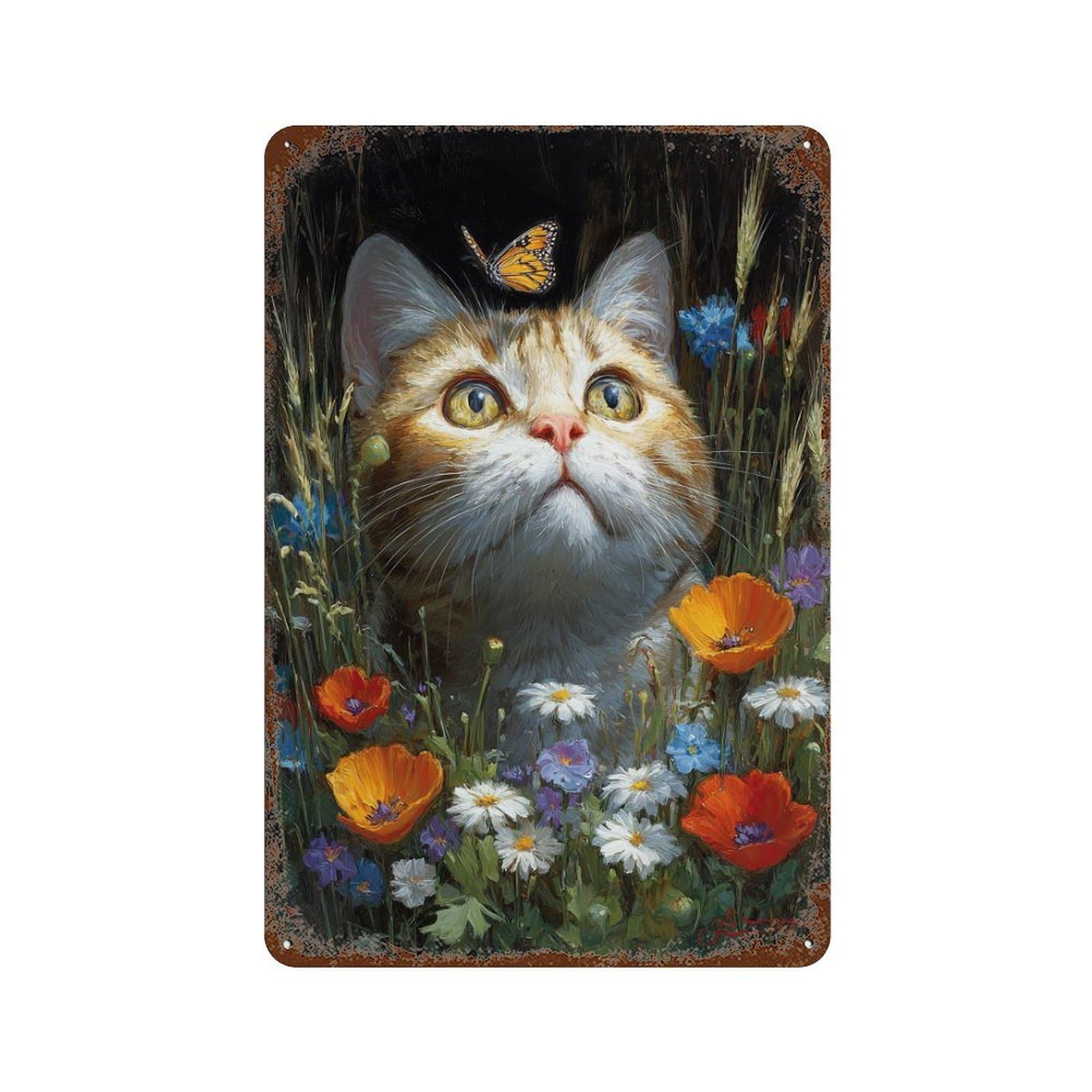 Whimsical Cat with Butterfly Rust Effect Tin Sign 11.8"x7.9", Farmhouse Wall Decor for Living Room, Hallway And Home Decor