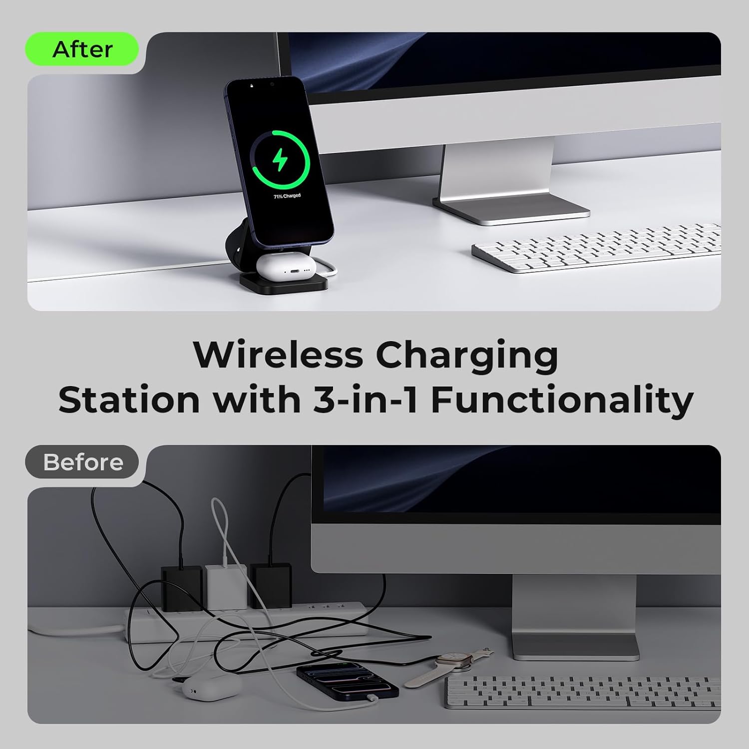 KU XIU Qi2.2 25W 3-in-1 Charging Station for Apple Device, Foldable Magnetic Charger for iPhone 17/16, 5W for Apple Watch & AirPods, Fast Travel Wireless Charging Stand with 45W Adapter