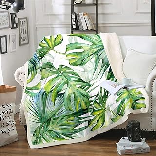 Erosebridal Tropical Sherpa Blanket,Tree Bed Blanket Throw Size Green Plant Palm Leaves Sherpa Blanket Jungle Botanical Leaf Fuzzy Flannel Blanket for Kids Adult Room Decor