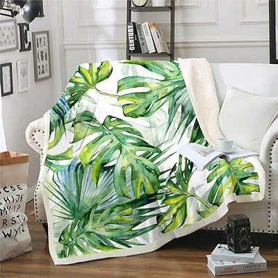 Erosebridal Tropical Sherpa Blanket,Tree Bed Blanket Throw Baby Size Green Plant Palm Leaves Sherpa Blanket Jungle Botanical Leaf Fuzzy Flannel Blanket for Kids Adult Room Decor