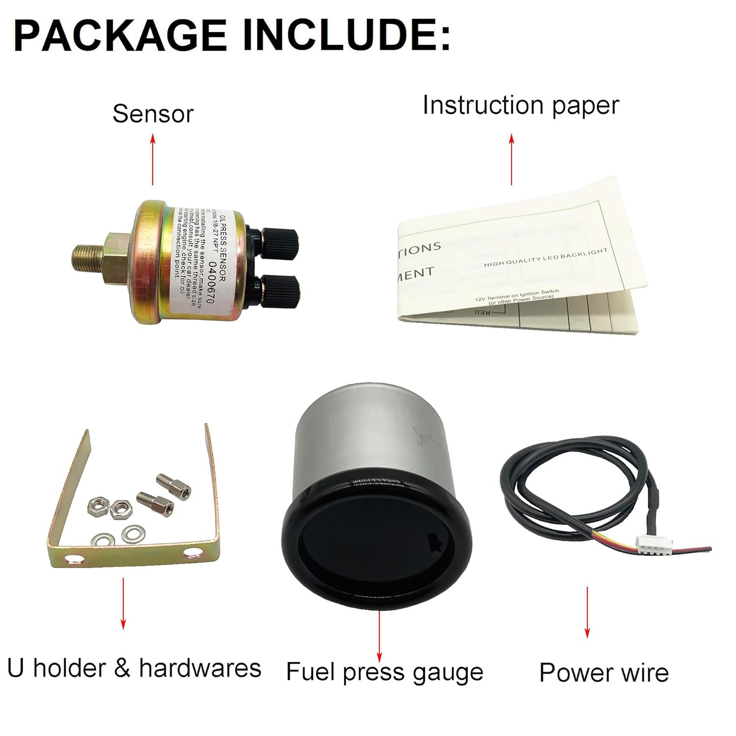 2-1/16" 52mm Fuel Press Gauge Tinted 7 Color 0-140 PSI Fuel Pressure Gauge Kit Includes Electronic Sensor