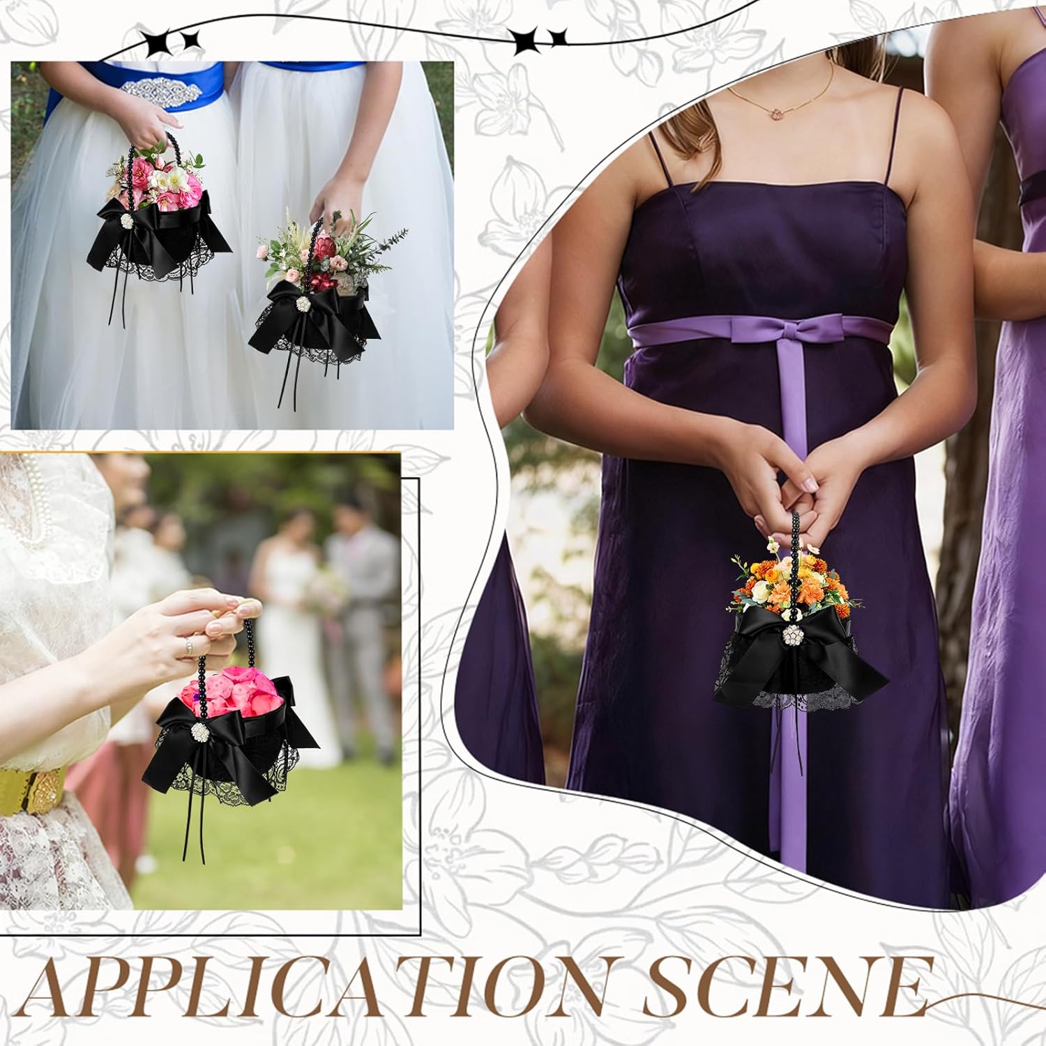 AHANDMAKER 2Pcs Wedding Black Flower Basket, Satin Bowknot Lace Flower Baskets with Plastic Pearl Handle Romantic Petal Container for Wedding Ceremony Anniversary Banquet Home Decoration