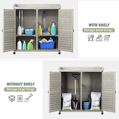 Miniatura 6 de Banco para macetas al aire libre con parte superior de trabajo de metal, gabinete de almacenamiento de jardín impermeable, estación de herramientas