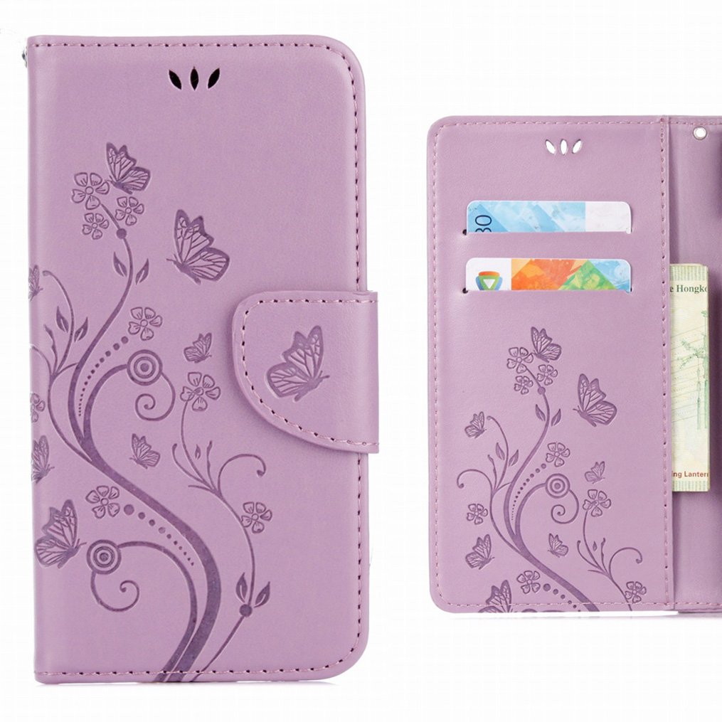 For Asus Zenfone Go ZB500KL Case, Ougger Flower Butterfly Veins Wallet Cover Card Slot Premium PU Leather Flip Case Magnetic Bumper Pouch Holster Stand-View Function (Light Purple)