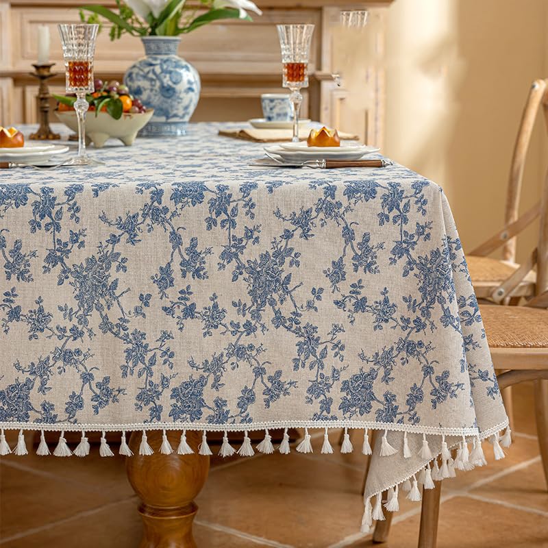 Image of HASTHIP Floral Table Cloth - 150x180cm Blue Linen with Tassel, Rustic Elegant Cotton-Linen Blend Dining Table Cover, Decorative Protector for Kitchen, Dining Room & Outdoor Use