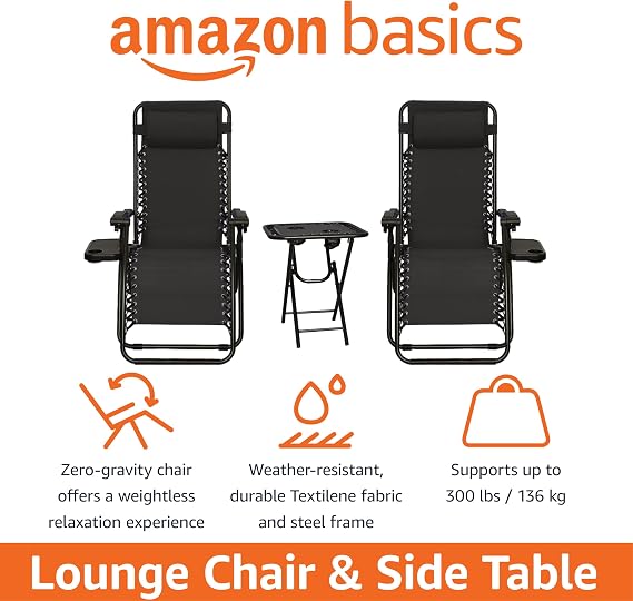 Amazon Basics Zero Gravity Chair with Side Table for Relaxing with Cup Holders, Reclining,Foldable, Alloy Steel, Set of 2, Black