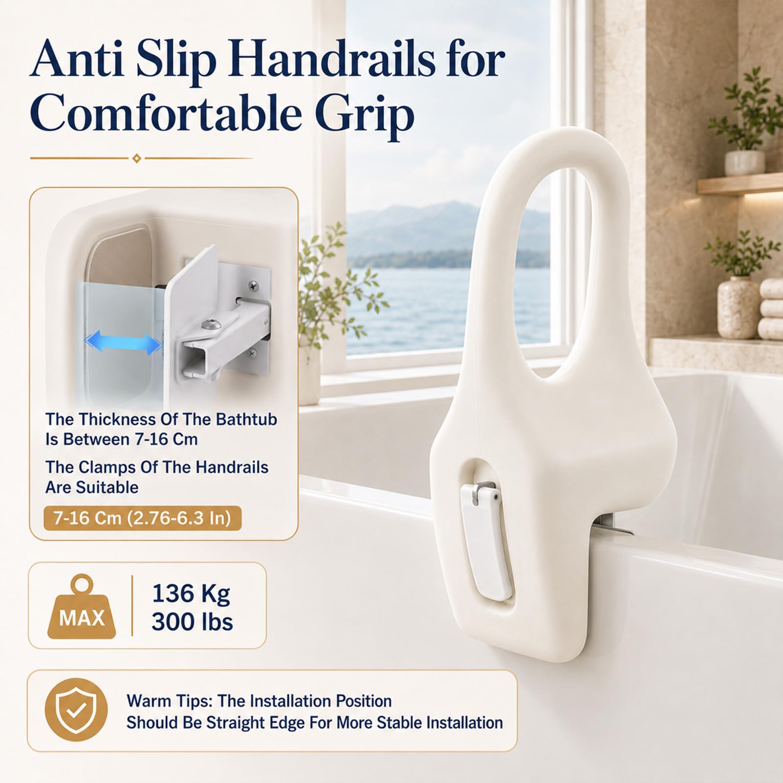 Asidero para bañera para personas mayores, mango de bañera sin necesidad de taladrar, ancho ajustable 7 ~ 16 cm, material soplado de polietileno, asidero para baño, color blanco, ayuda para entrar y