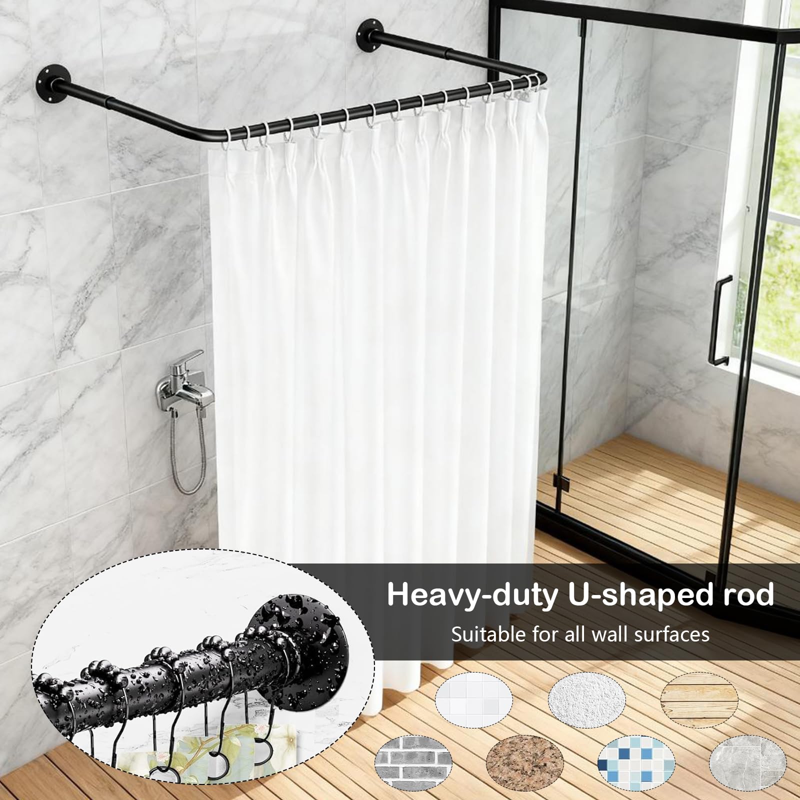 Barra De Ducha, Forma De U Barra De Ducha Ajustable Para Cortina De Duchas 70-95 Cm Barras De Duchas Para BañEra Sin Taladro Soporte Negro Para Cortina De Ducha Montaje En Techo
