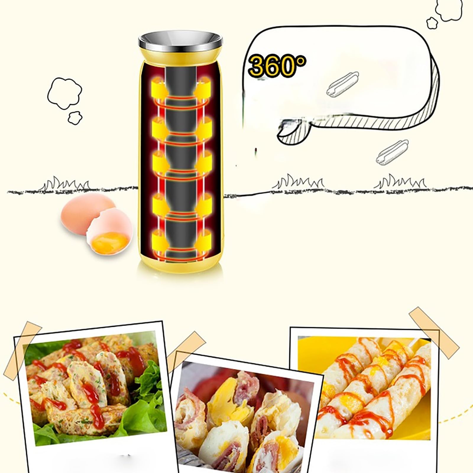 Padella per Salsicce all'uovo, Macchina per Rotoli di Uova per la Colazione, Riscaldamento Surround 3D, Cavo di Alimentazione e Host Separati, Adatto per Colazione Fai da Te, Cucina Domestica