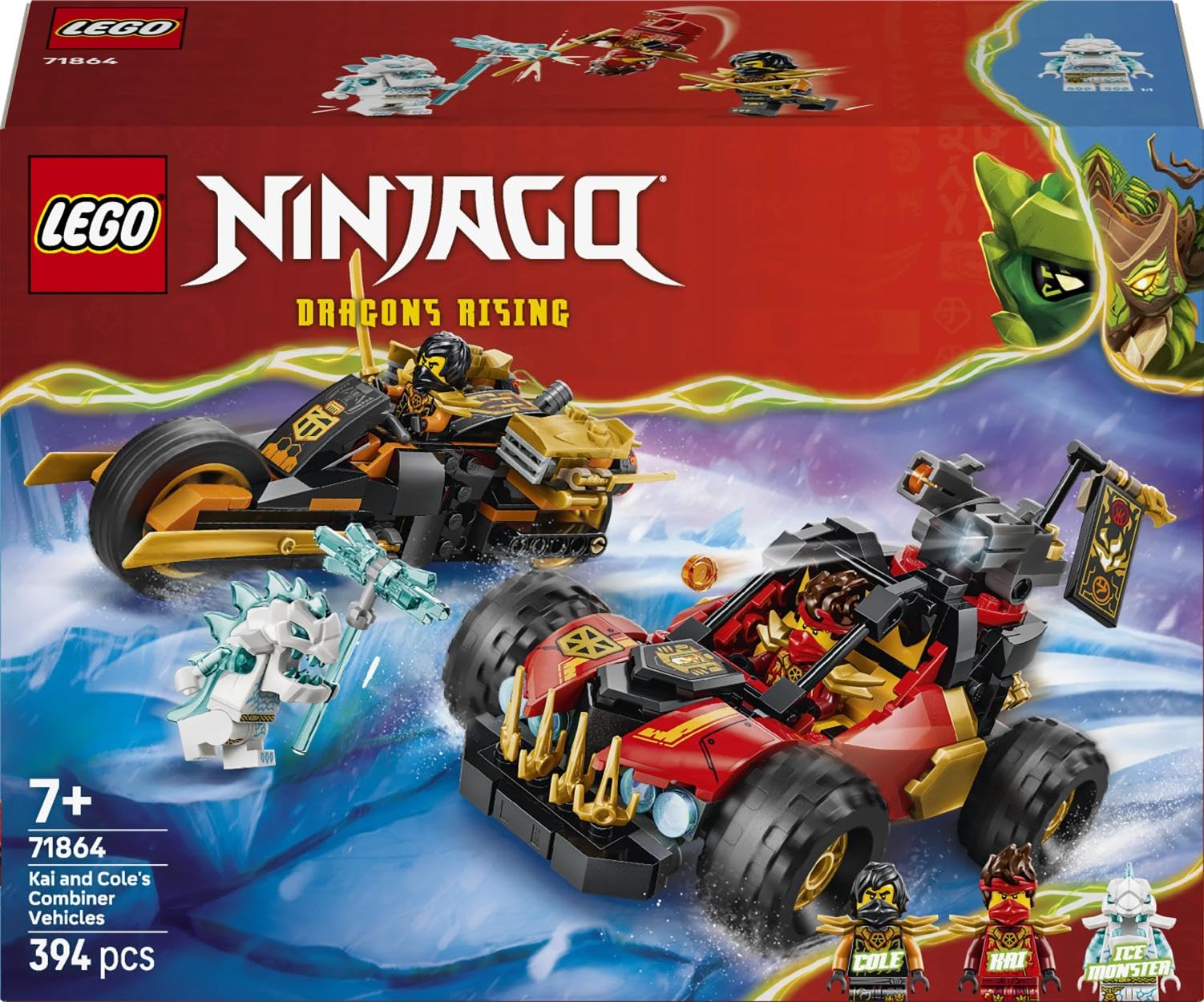 LEGO Ninjago Véhicules Combinables de Kai et Cole - Jouet Voiture de Ninja, Moto, 3 Minifigurines Dont Kai & Cole avec Katanas - Idée Cadeau pour Garçon 7 Ans ou Fan du Soulèvement des Dragons 71864
