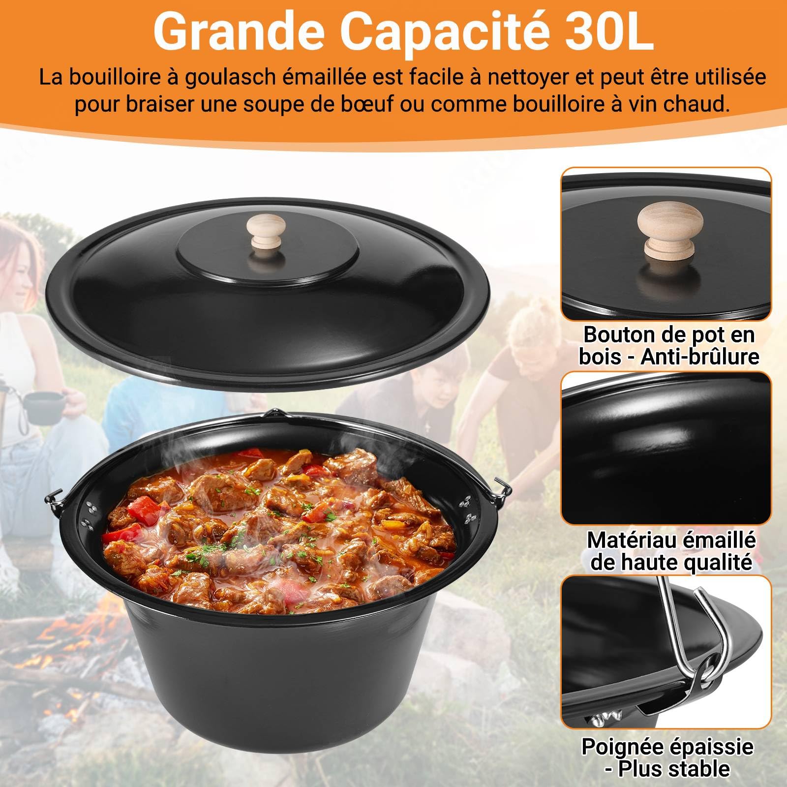 Bouilloire à Goulasch de 30 L avec Trépied et Cuillère, Goulasch Originale Hongroise, avec Chaîne Réglable en Hauteur, Ensemble de Marmites à Goulasch, Pot à Goulasch Émaillé, pour 25-30 Personnes
