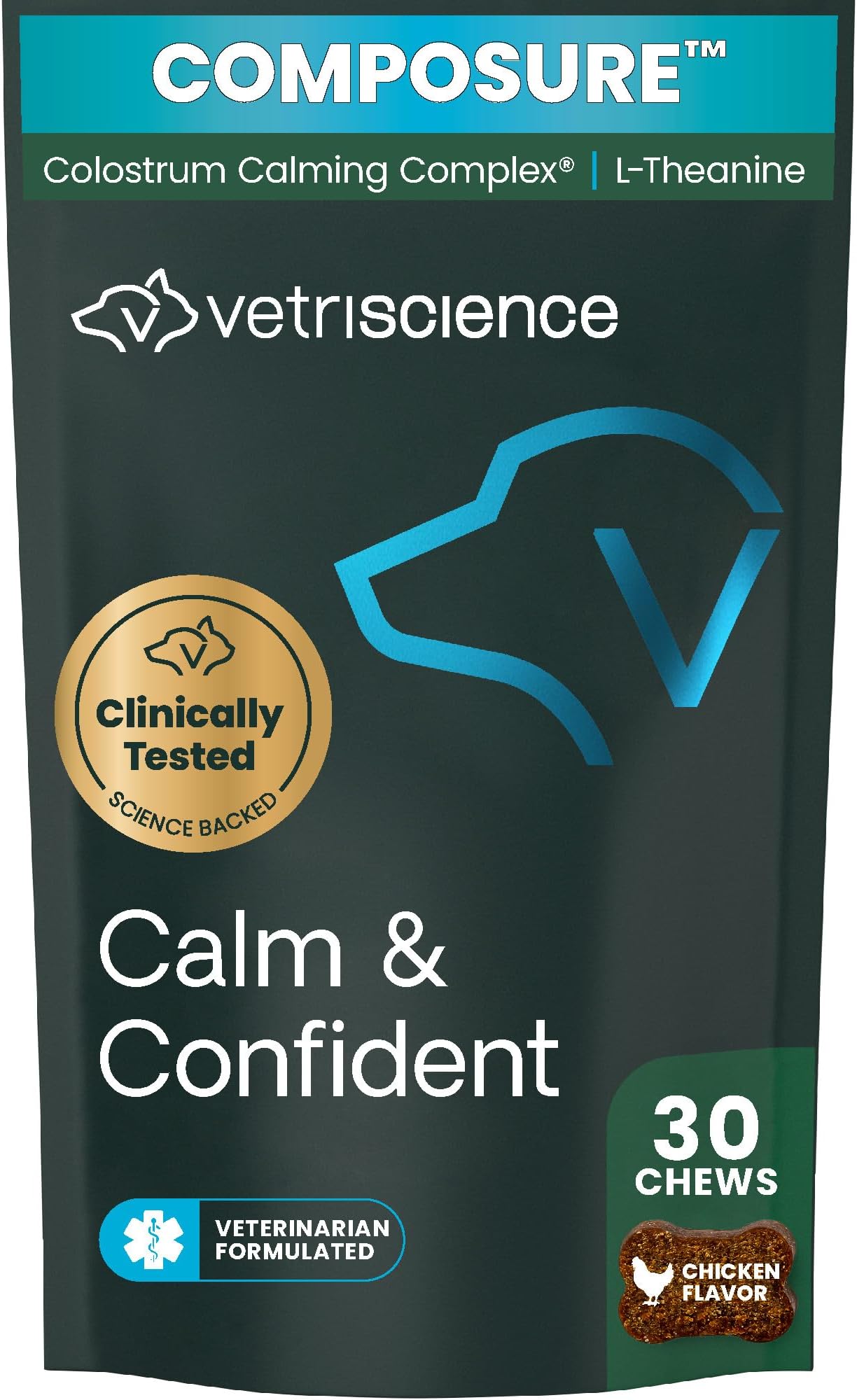 VetriScience Calm & Confident Chews, Composure Clinically Tested Calming and Anxiety Supplement for Small Dogs Under 30 lbs, Reduce Stress, Ideal for Thunderstorms and Fireworks, Chicken, 30 Count