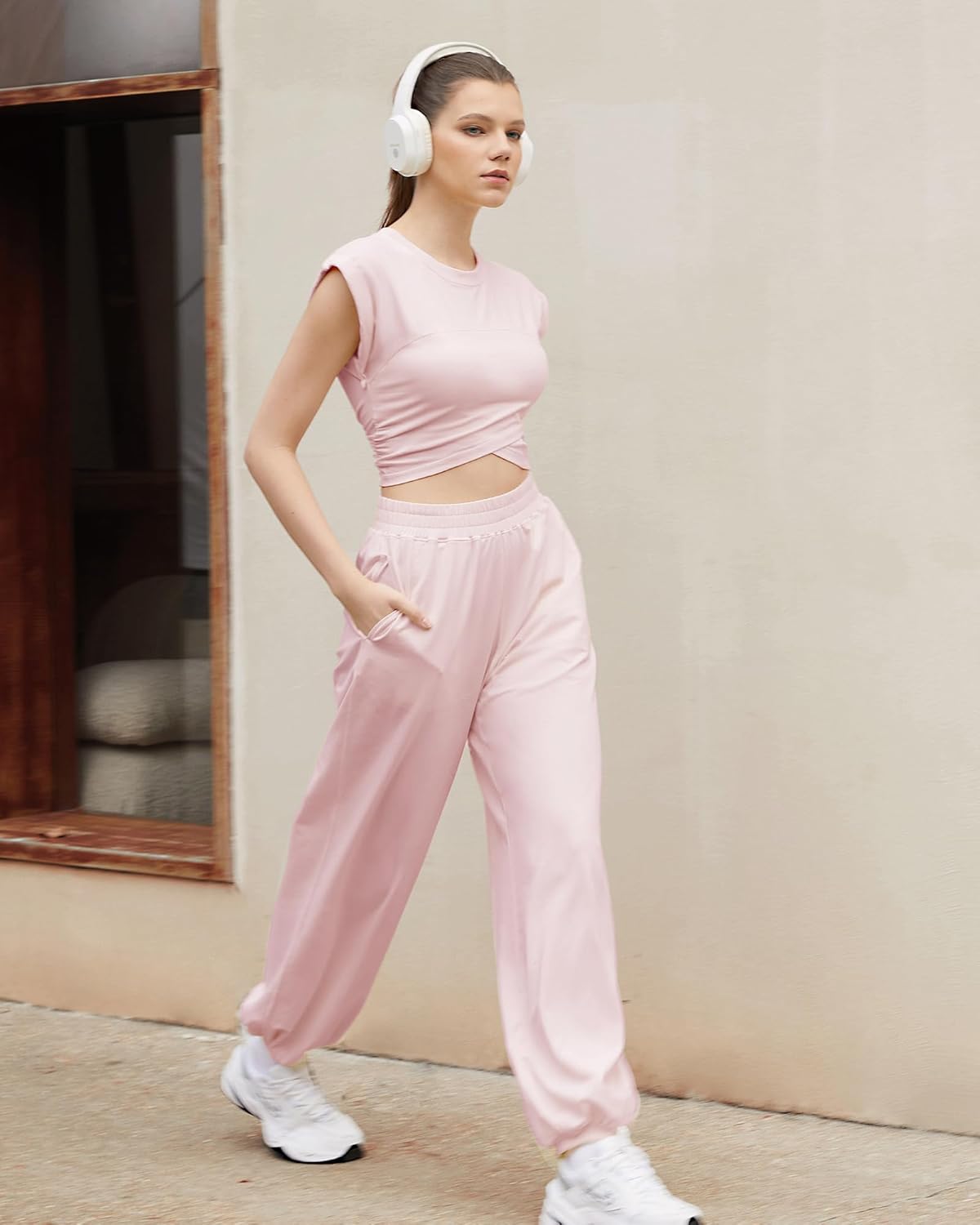 SUUKSESS Women 2 Piece Lounge Workout Sets Outfits High Waisted Wide Leg Pants Sleeveless Cropped Tops Summer(Pink S) - Image 3