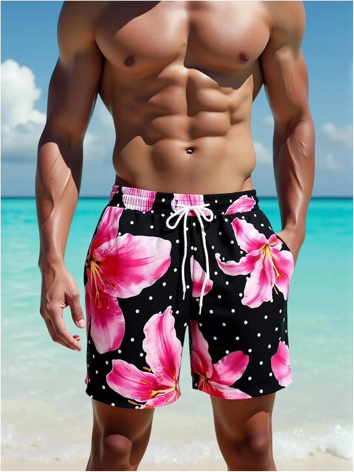 MakeMeChic Men's Floral Swim Trunks Polka Dots Low Waisted Beach Board Shorts with Pockets