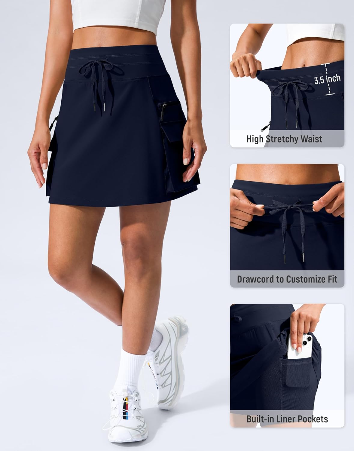 SANTINY 16" Cargo Skort with 6 Pockets Drawstring High Waisted Golf Travel Hiking Skorts for Women Dressy Casual Summer - Image 4