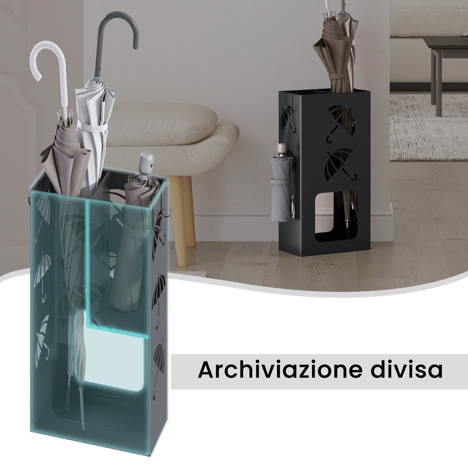 WOLTU Portaombrelli con 4 Ganci e 2 Aree Separate, in Metallo Antiruggine, con Design a Conca, per Corridoio, Ingresso, Nero