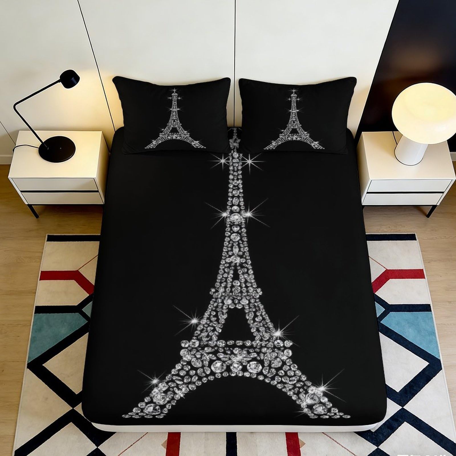 3D Printed Eiffel Tower Fitted Sheet Microfiber Black Paris Night Mattress Cover for Bedroom Dorm Decor Protection 90x200x25cm