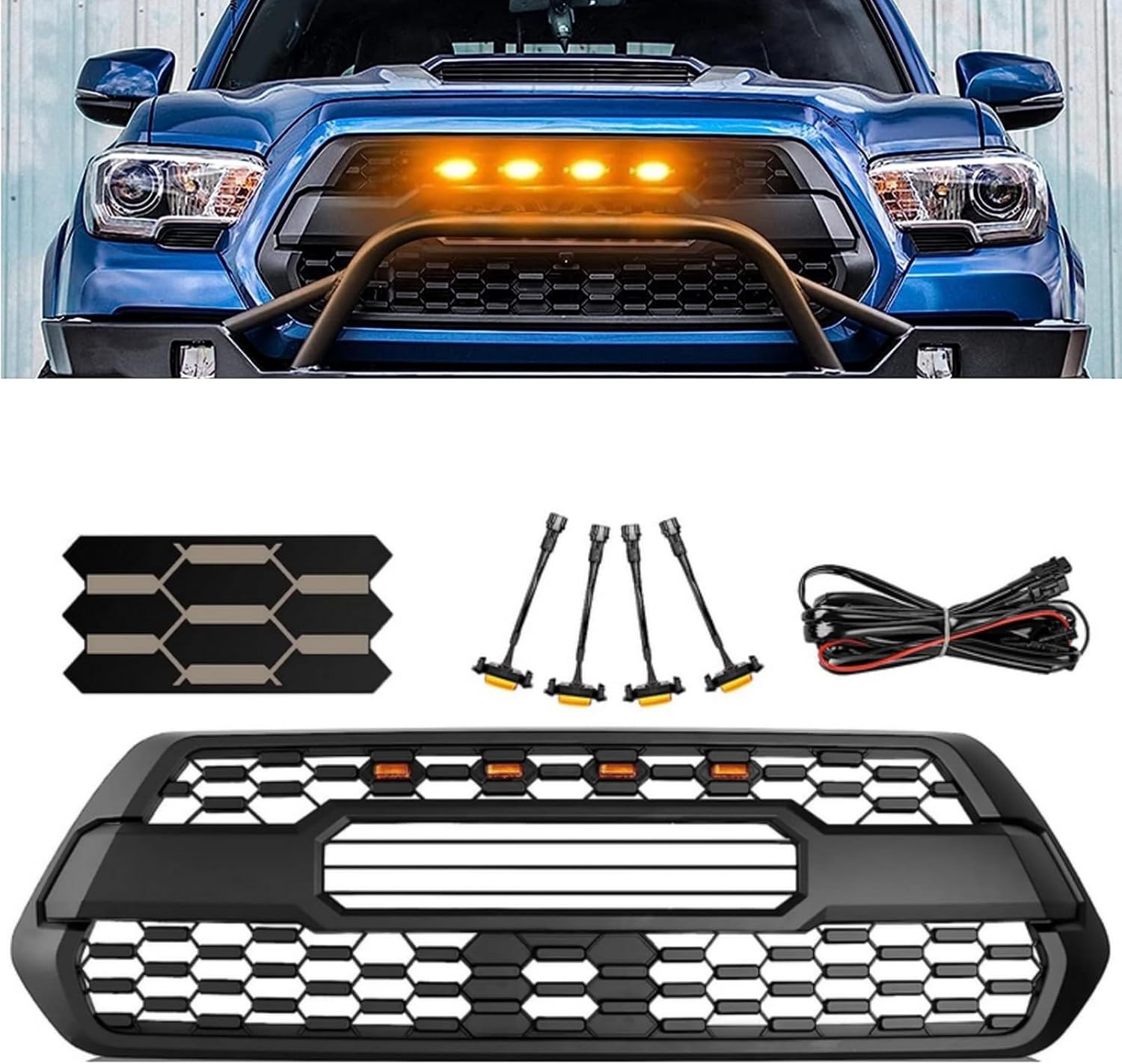 Replacement Grill for 16-23 T-acoma, Front Hollow Grill Replacement Compatible for 2016 2017 2018 2019 2020 2021 2022 T-acoma Black Matte Bumper ABS Grille and high-mount and Amber LED Lights
