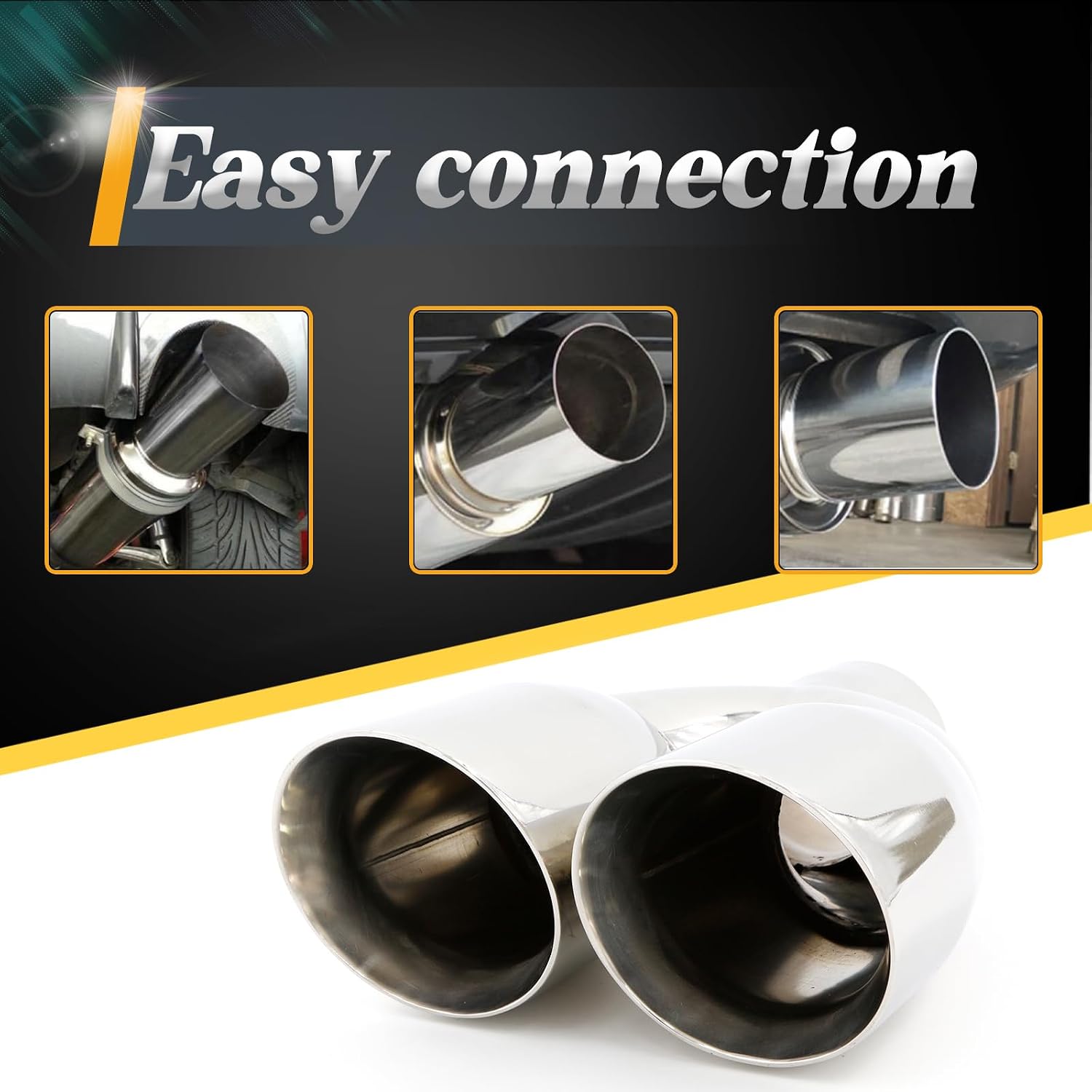 2.5 Inch Dual Exhaust Tip, Fit for Inlet 2x3.5 Outlet 9.5" Overall Length Chrome Polished Universal Stainless Steel Double Wall Tail Weld on