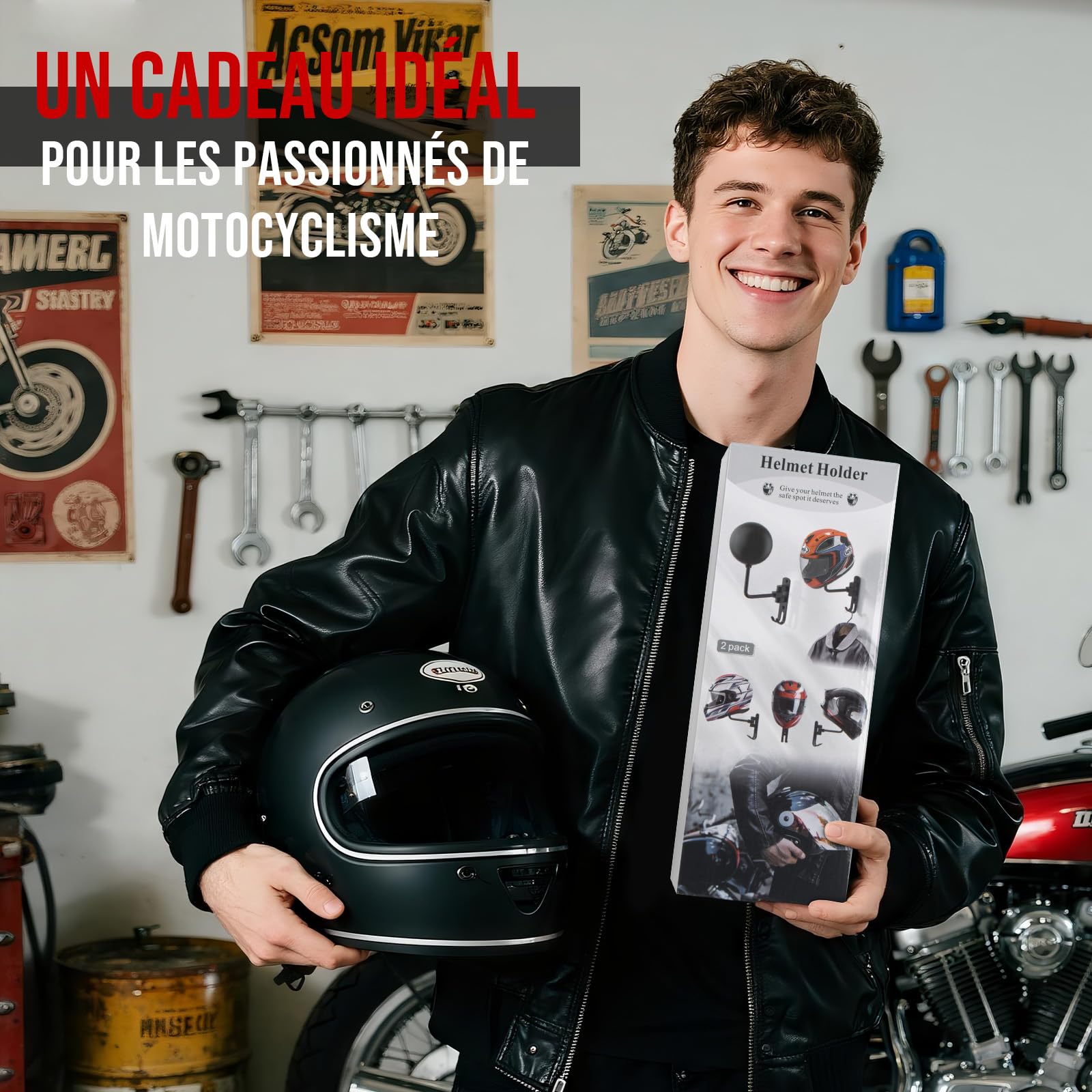 PUERSI Support Mural pour Casque de Moto, Porte Casque pour Vélo et Moto Pivotant à 180° avec 2 Crochets, pour Accrocher Chapeaux, Manteaux et Clés