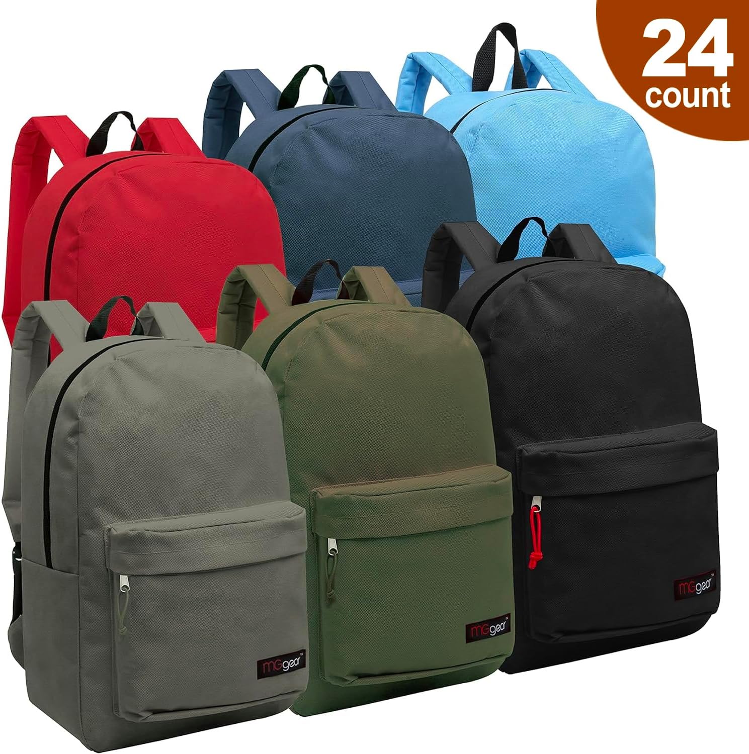 MyGift MGgear Wholesale Bulk Case of 24, Heavy Duty 16.5" Basic School Backpacks in Assorted Black, Gray, Olive, Navy, Red, and Blue Solid Colors, Student Bookbag or Travel Backpack