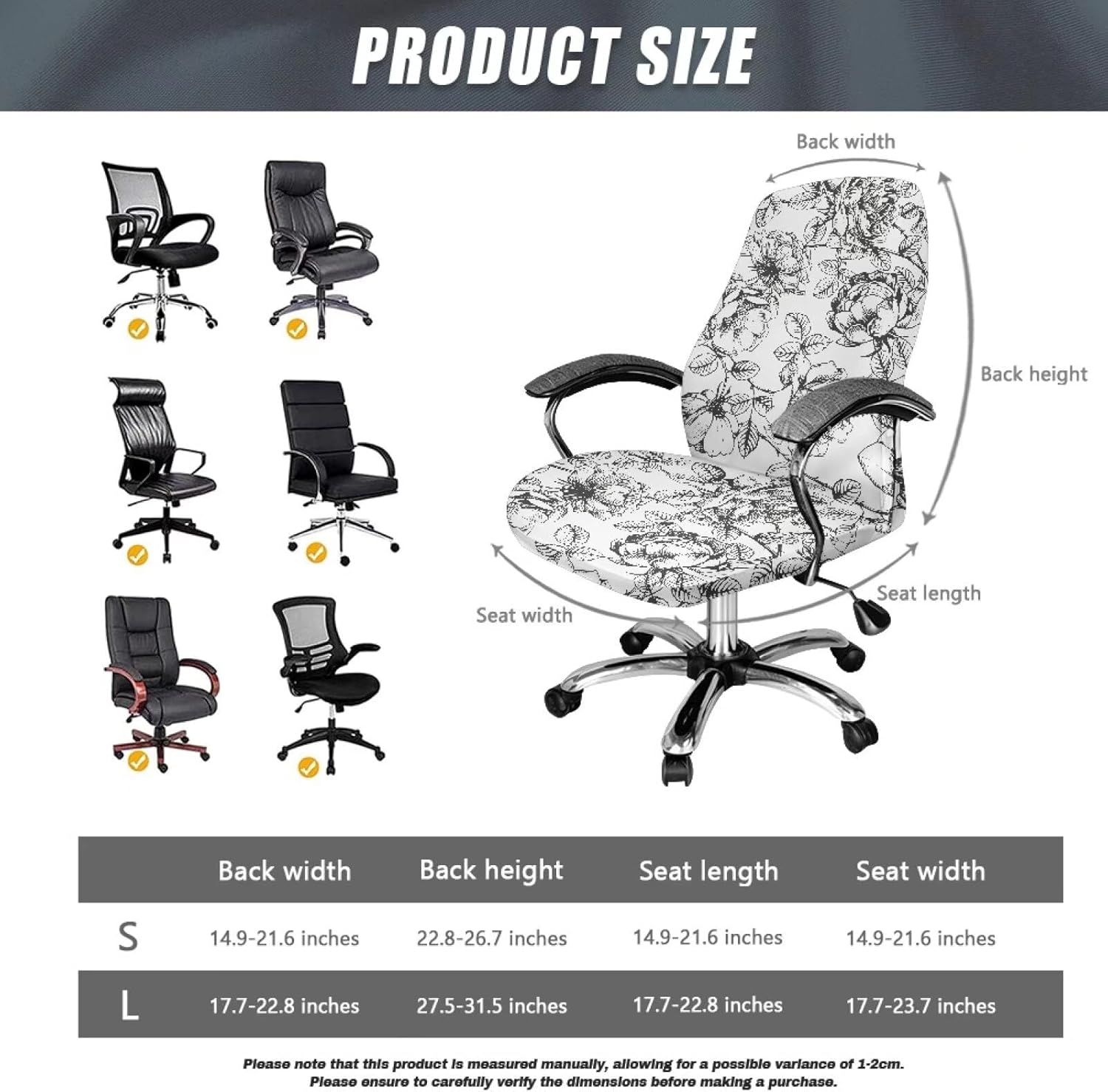 Vintage Sketch Flower Print Stretch Gaming Chair Cover Soft Dustproof Rotating Chair Desk Chair Cover Universal Rotating Chair Slipcovers Protector with Snap Button, L