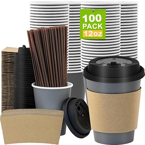 100 Pack 12 oz Disposable Coffee Cups with Lids and