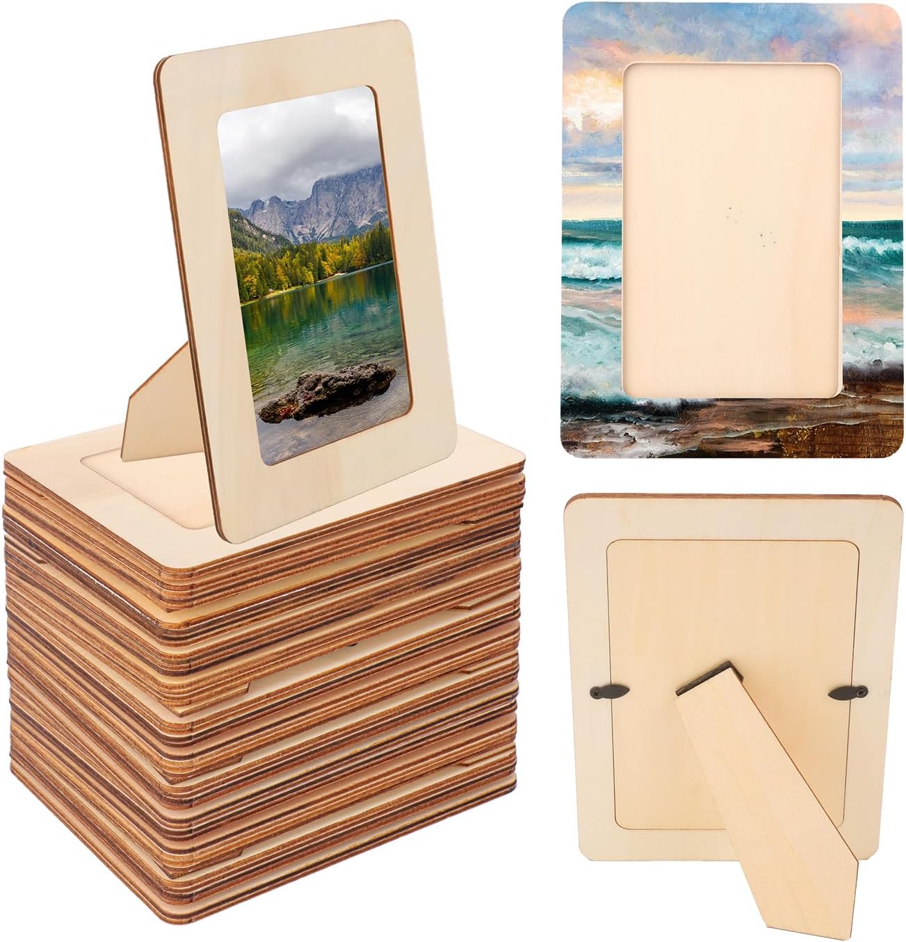 36 Pack Unfinished Wooden Picture Frames Set with 4x6 inch Photos, Wooden Frames for Crafts, Standing Postcard & Photos Picture Frame Set –Suitable for Crafts DIY, Souvenir Decoration