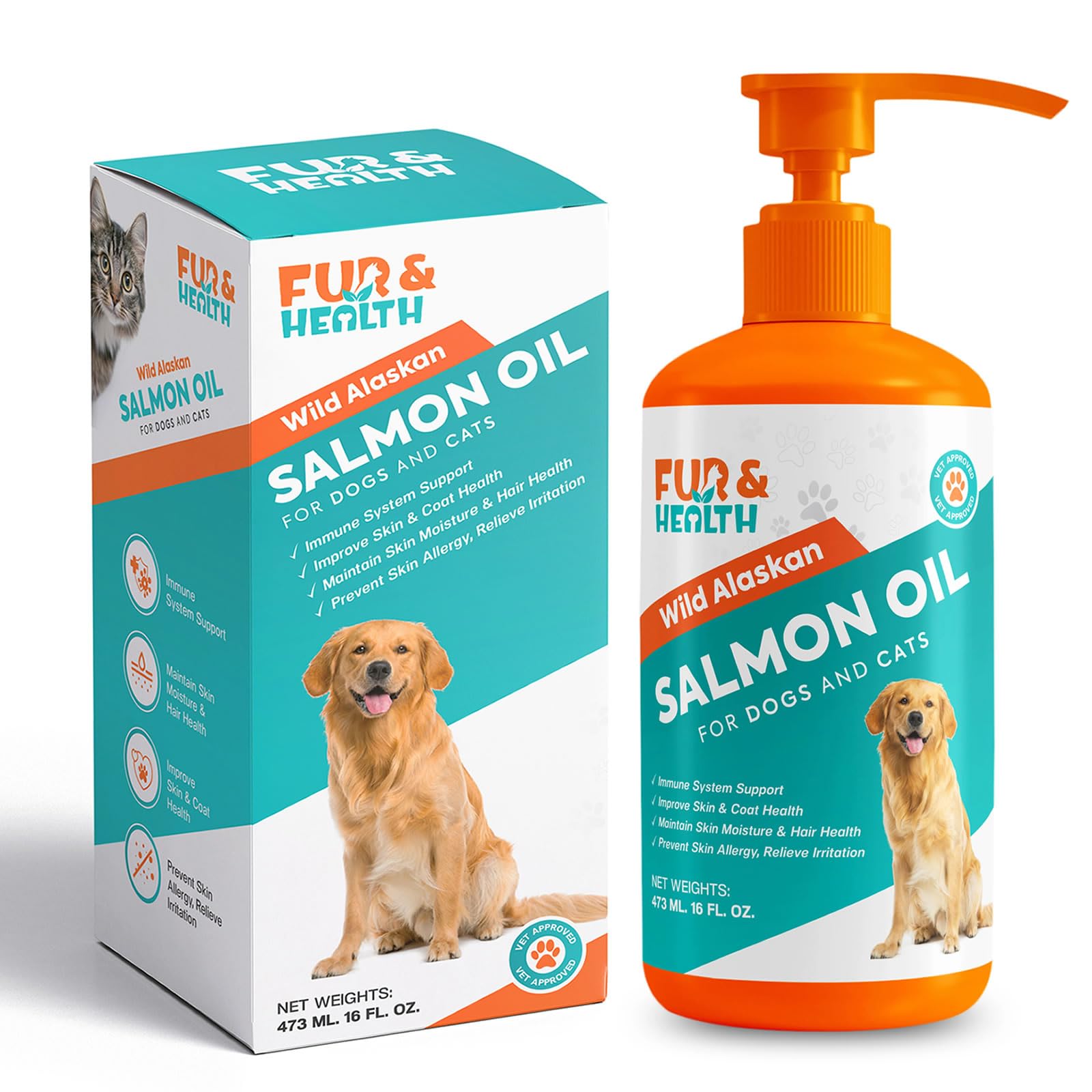 Fur & Health Wild Alaskan Salmon Oil with Omega 3 for Dogs & Cats - Natural Fish Oil Supplement Healthy Skin, Shiny Coat & Joint Support - Pure EPA &