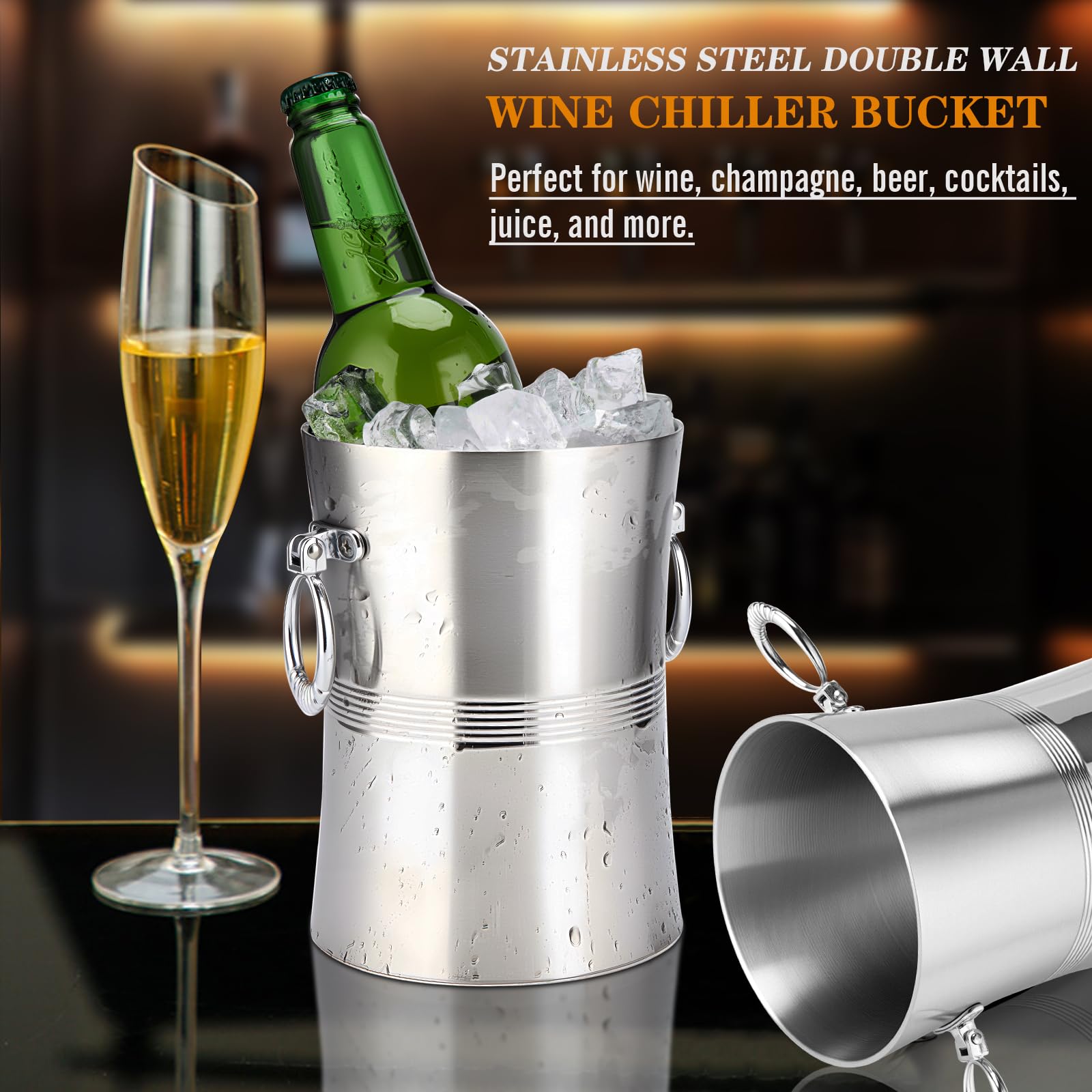 Cubitera de hielo de 2 litros para fiestas, cubo de hielo de acero inoxidable (plateado)