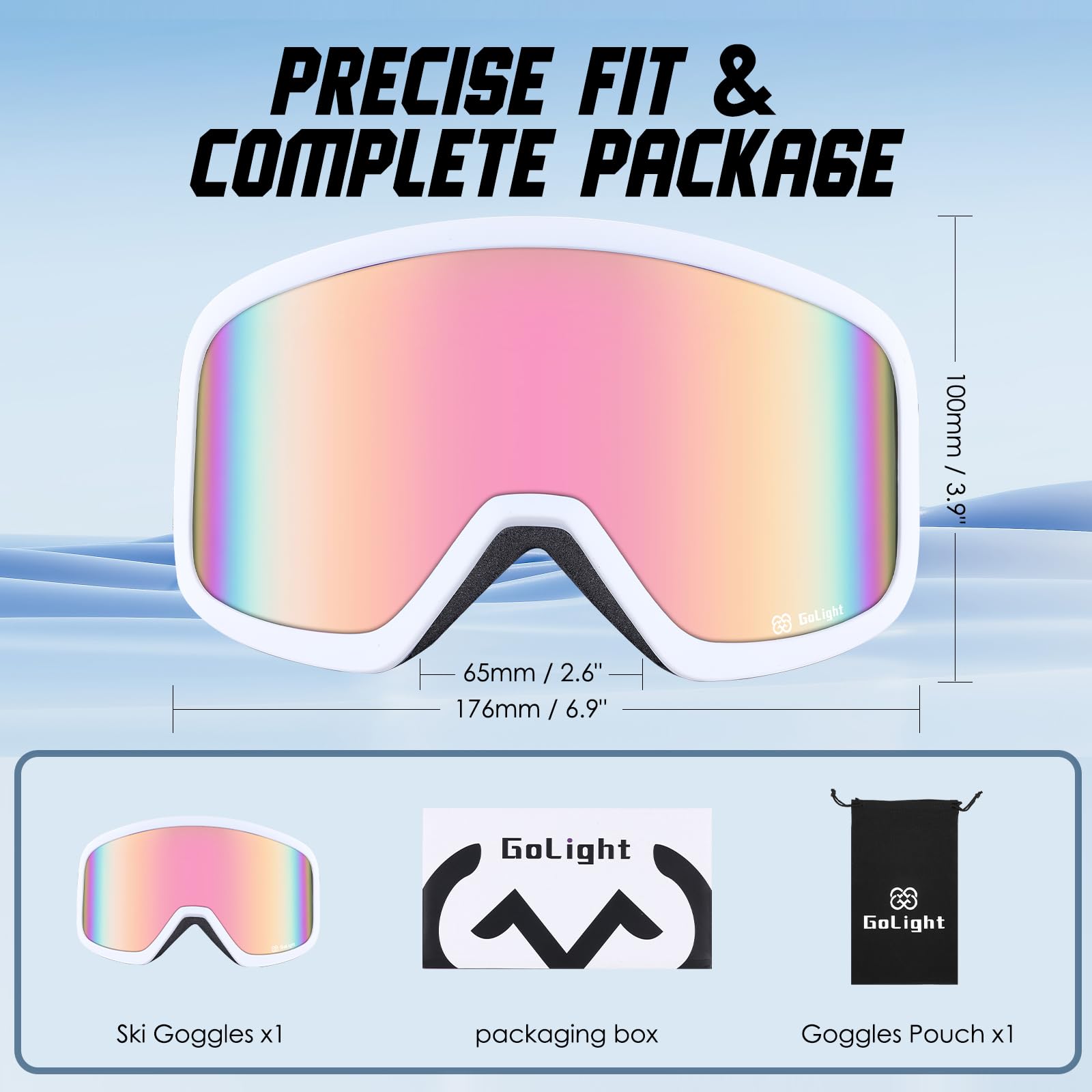 GoLight Gogle narciarskie Low Bridge Fit – azjatyckie dopasowanie, podwójna soczewka przeciwmgielna, soczewka UV400 REVO, trójwarstwowa pianka do jazdy na nartach przez cały dzień