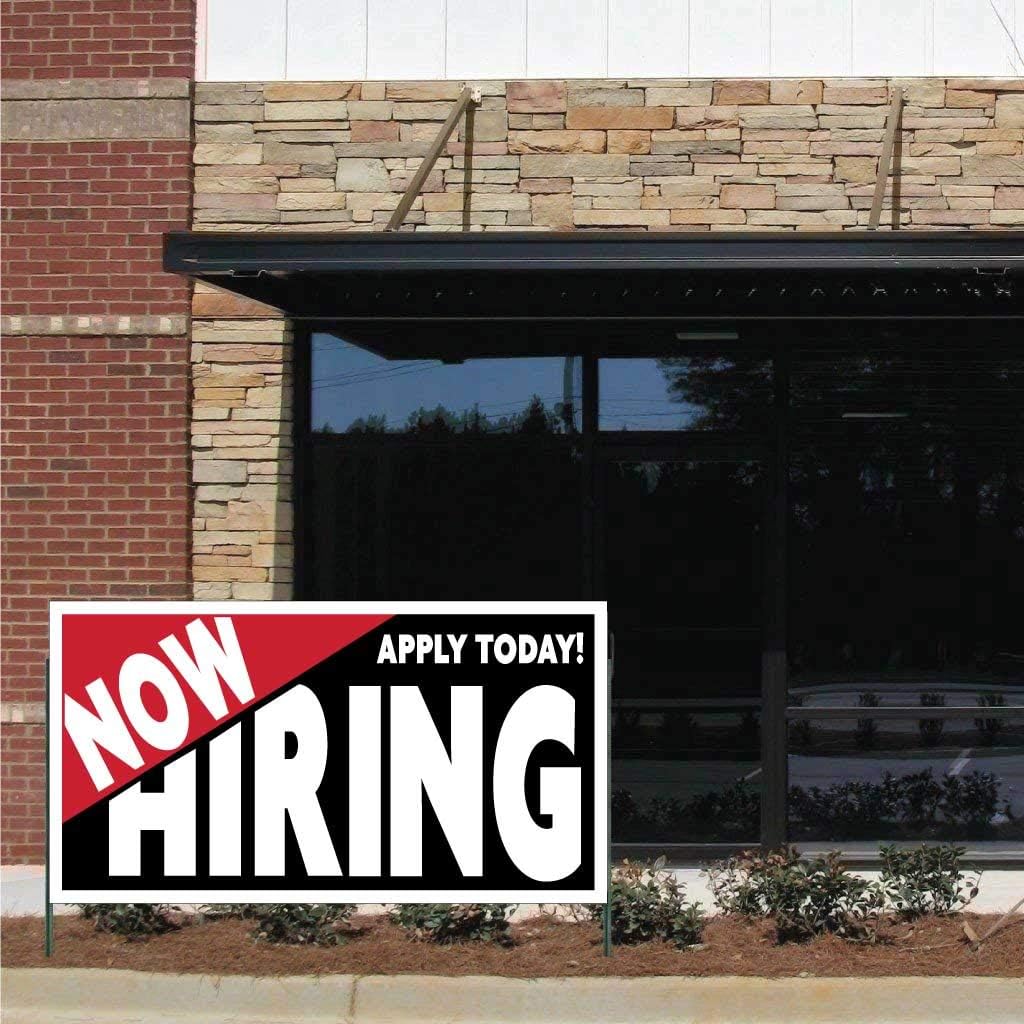 Business Banner - Now Hiring Banner 10 ounces Vinyl with Grommets for Hanging (Fire Red and Black) (Fire Red, 2x4 Feet)