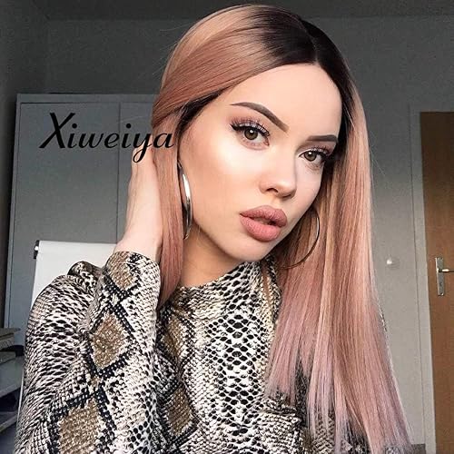 xiweiya Peluca corta de encaje frontal rosa melocotón, peluca de cabello sintético lacio Bob con encaje frontal, peluca de color oro rosa con raíces