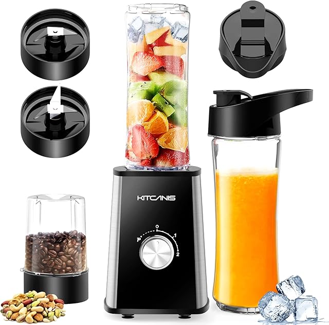 Blender Smoothie Maker 600W, 3 in 1 Multifunctional Personal Smoothie Blender, 3 Adjustable Speeds, 2x600ML Portable Bottle and 300ML Grinding Cup for Ice, Fruit, Vegetable, nut, BPA-Free by KITCANIS