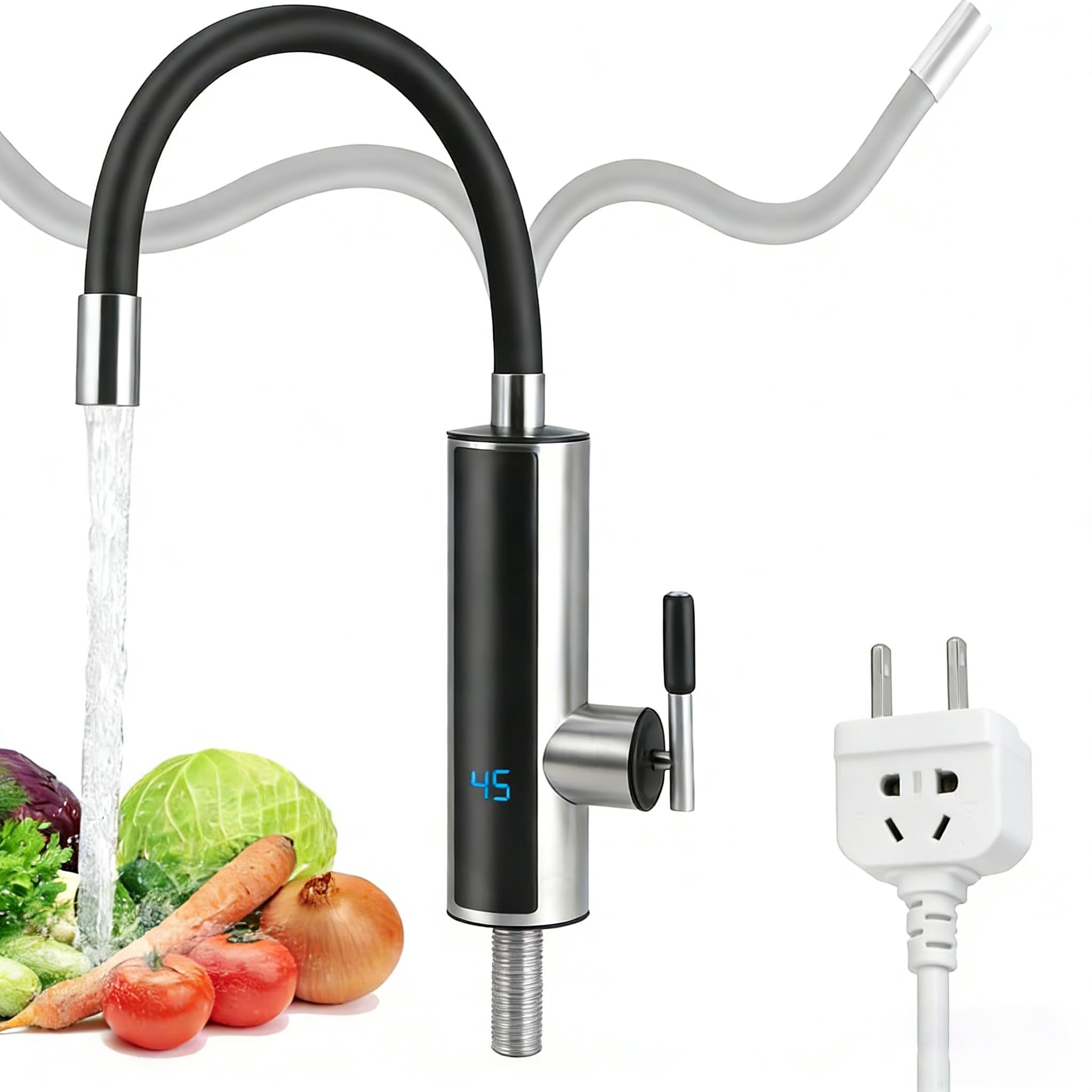 Robinet électrique en acier inoxydable avec chauffe-eau instantané de 3300 W - Avec affichage de la température LED, fonction rotative à 360° et tuyau de raccordement de 40 cm - Noir