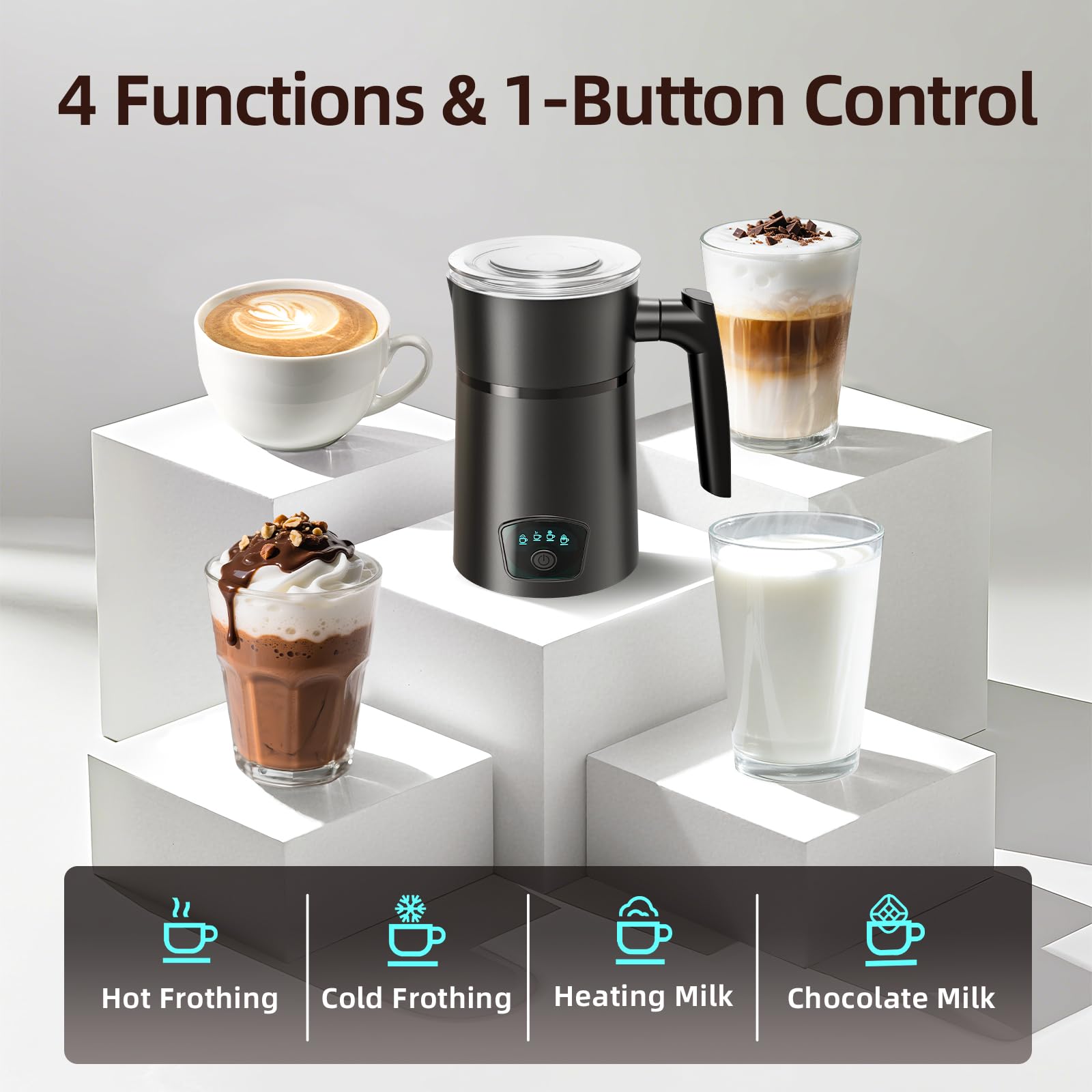 Espumador de leche, vaporizador de leche eléctrico 4 en 1, máquina automática de espuma fría y caliente, calentador de leche de 11.8 onzas, espumador de café para café con leche, capuchino 2