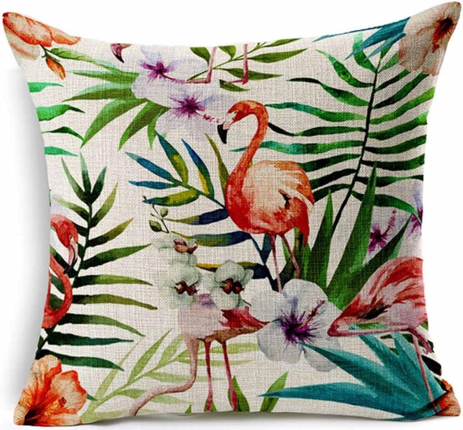 Queen's designer Cotton Linen Square Decorative Throw Pillow Case Cushion Cover Hand-Painted Tropical Flowers and Birds Foliage Plant 18 "X18 (2)