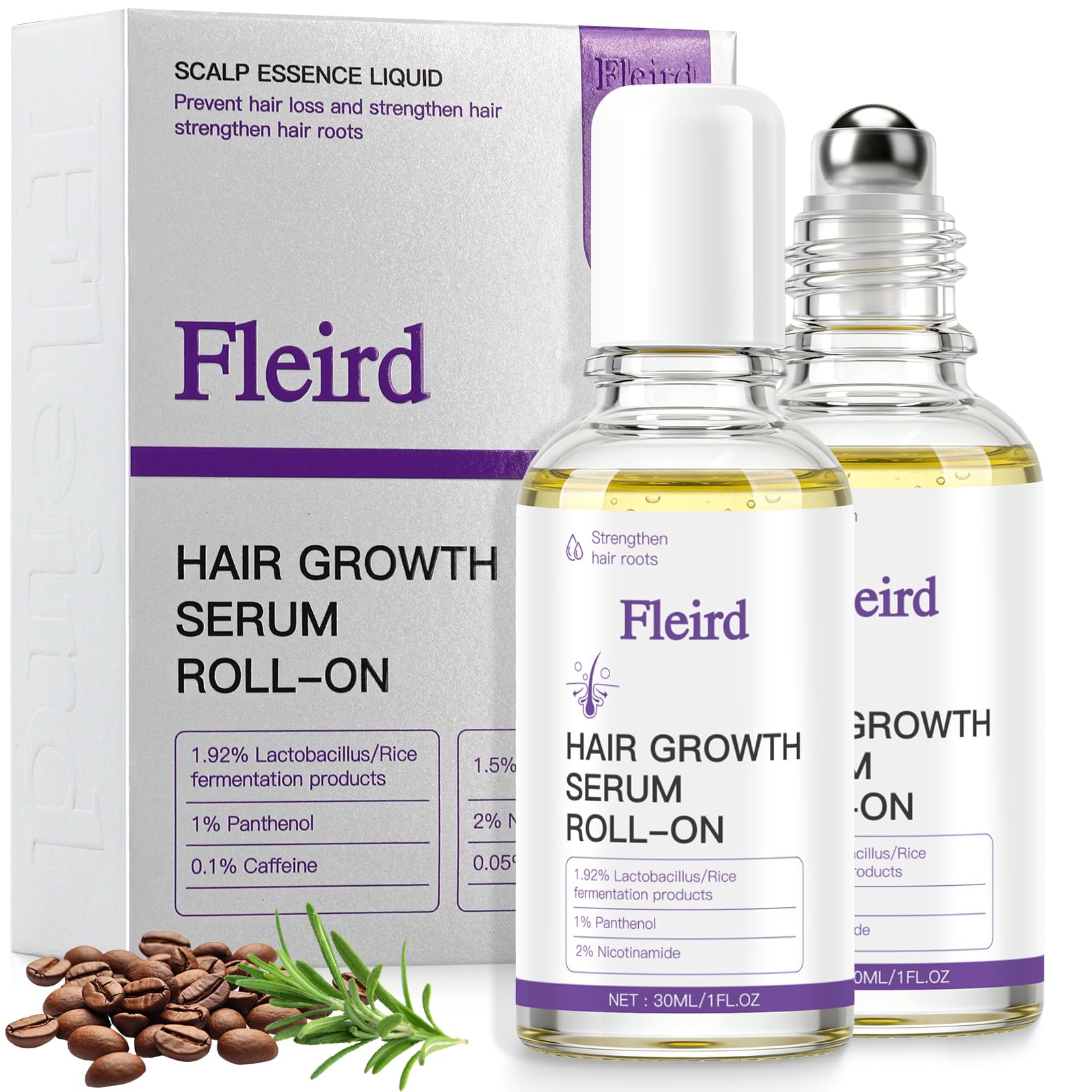 Rosemary Hair Growth Serum Roll-On, Biotin & Caffeine Formula, 2 Pack