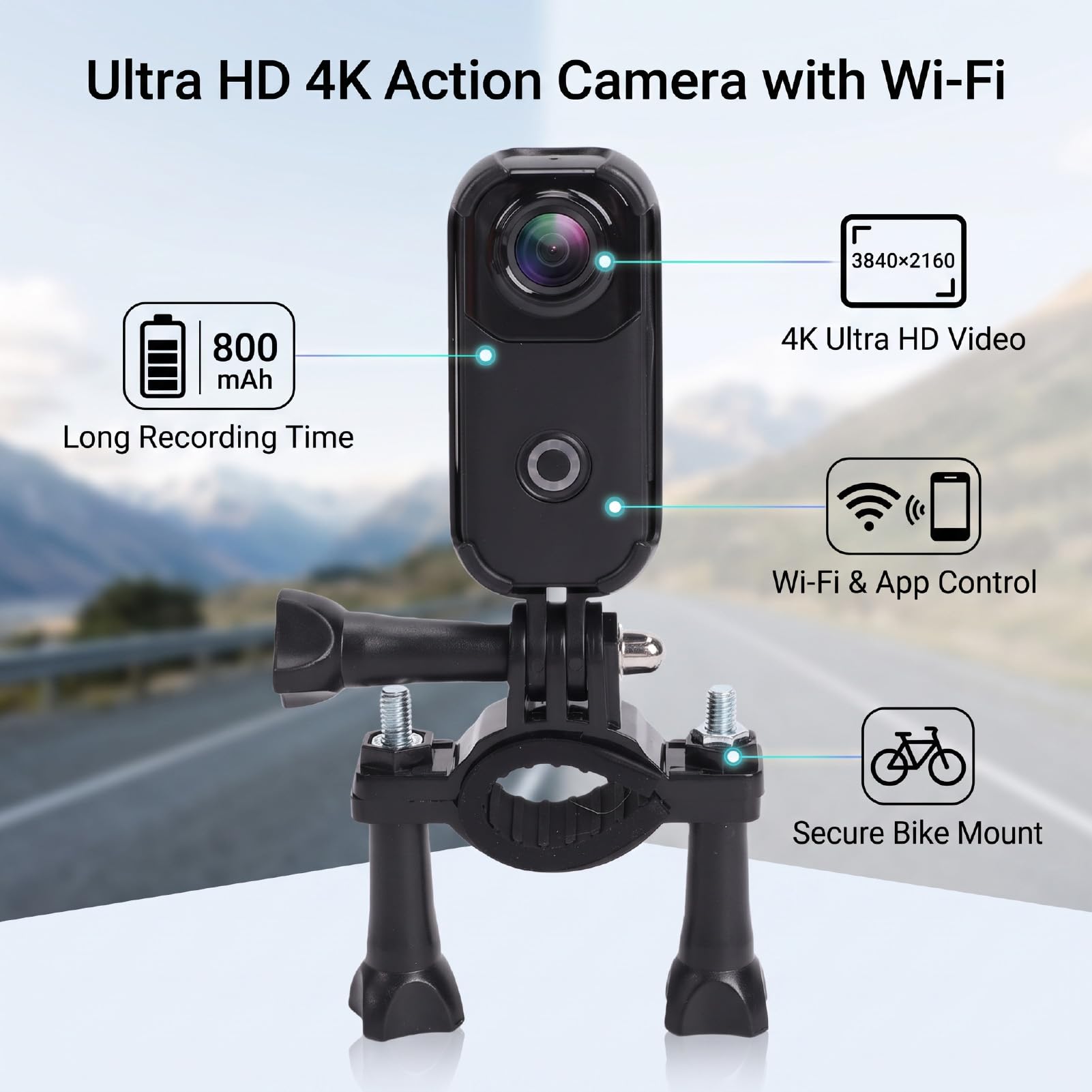 Sxhlseller Videocamera 4K Action Camera, WiFi Controllo App, 800mAh, per | Plastica Tecnica, Ideale per Vlogging Indossabile, Ciclismo, Escursionismo e viaggi. App per Smartphone, Porta Type C,