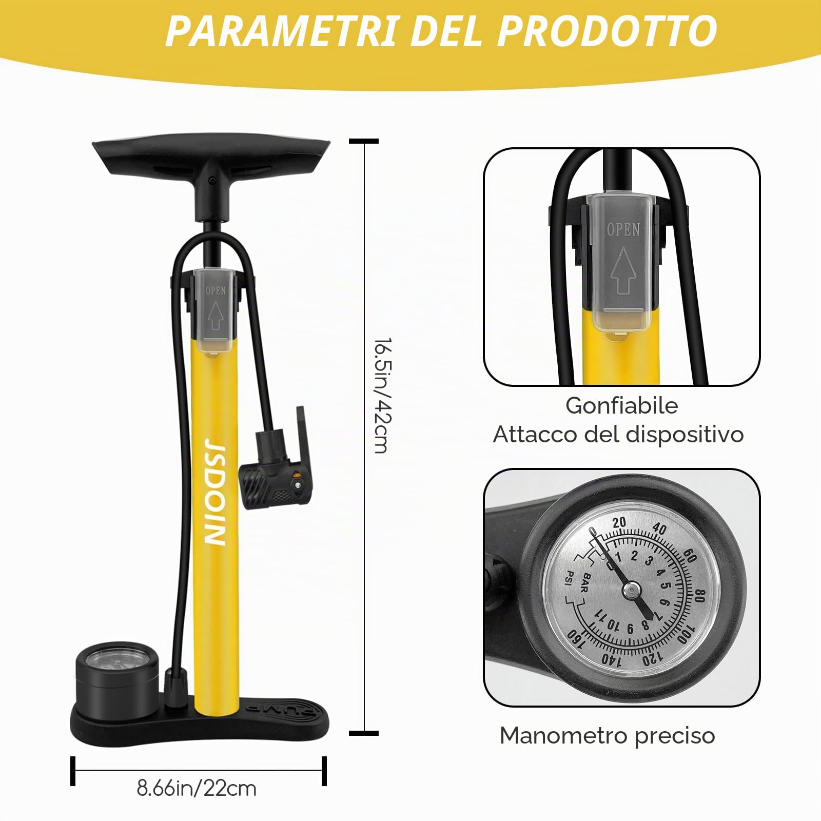 Pompa da pavimento per bici Jsdoin - Alta pressione 170 psi, Valvole Presta & Schrader, Multifunzione per bici, moto, palloni e altro ancora