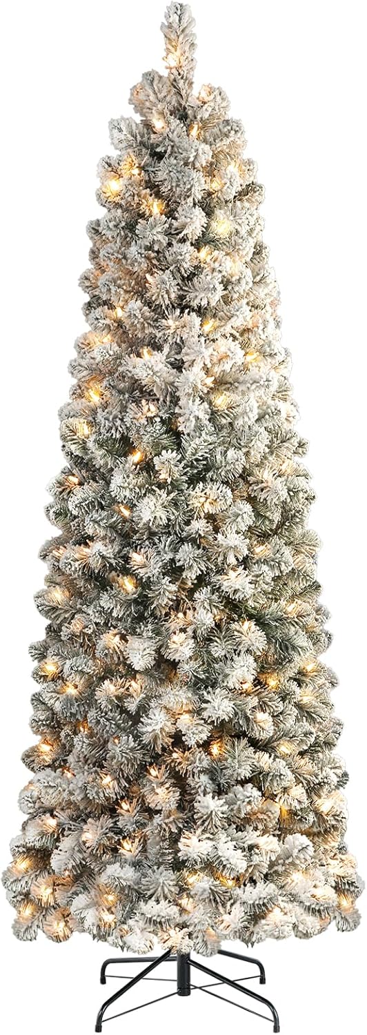 shareconn 7.5ft prelit snow flocked artificial hinged slim pencil christmas tree with warm white lights, full branch tips, perfect choice decoration for xmas holiday, 7.5 ft, flocked green flocked green 7ft 6in