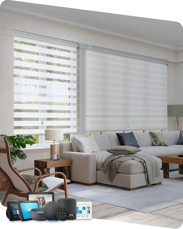 Motorized Zebra Blinds with Remote, Voice Control, 35" W x 72" H | Compatible with Alexa, Room Darkening Smart Blinds for Home Office, Electric Automatic Shades for Indoor Windows, White