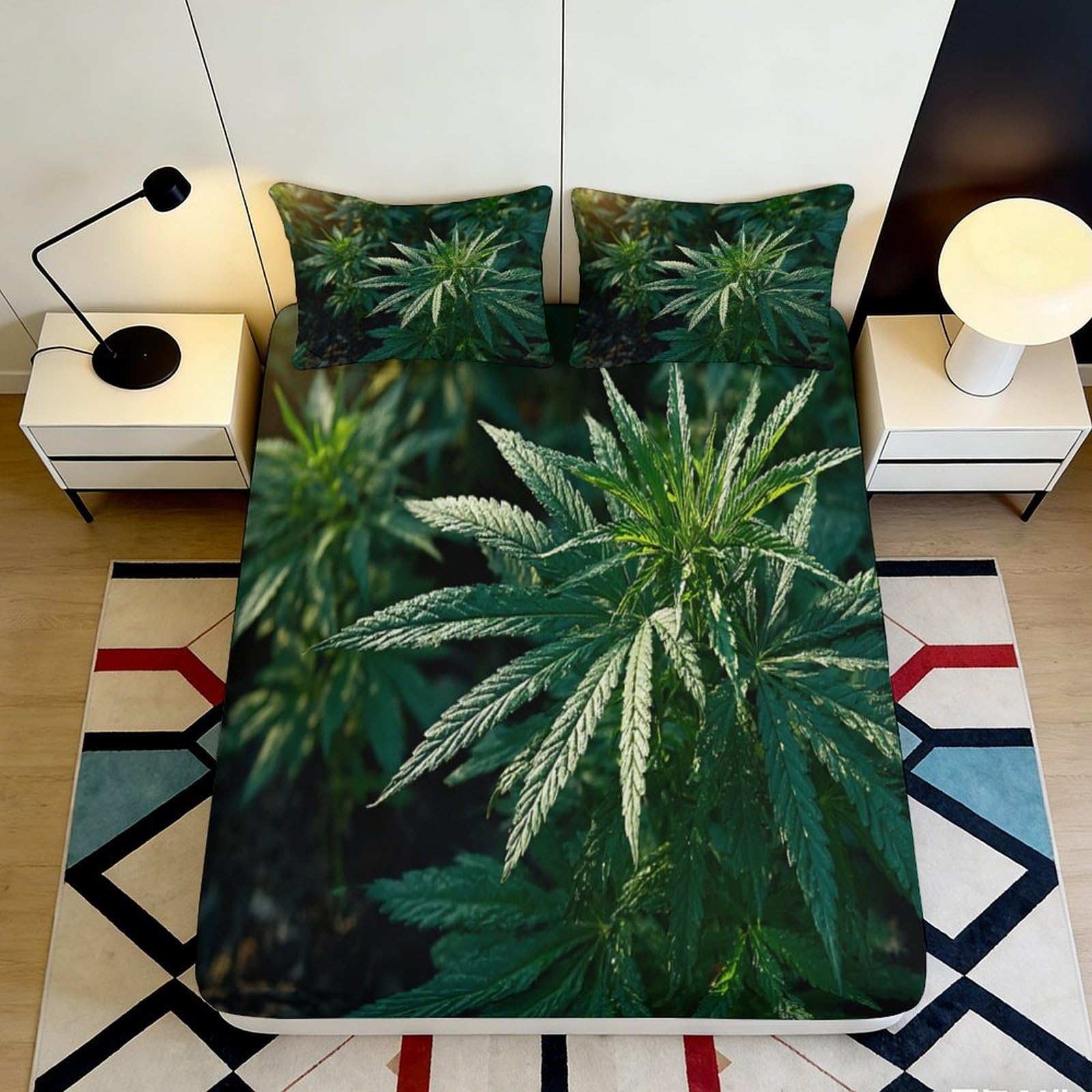 3D Printed Cannabis Leaf Fitted Sheet Microfiber Anti-Slip Bedroom Decor Artistic Green Bed Cover for Adults Youth 90x200x25cm