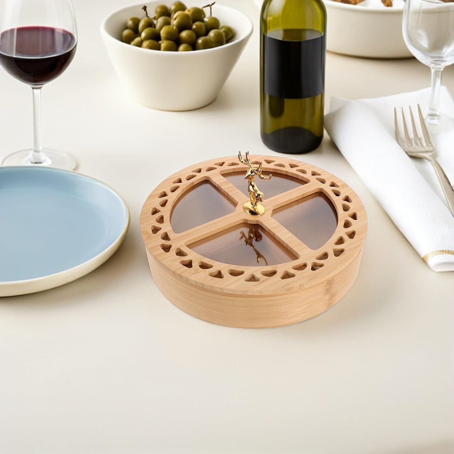 Bamboo Four Compartment Divided Serving Dish with Individual Lids