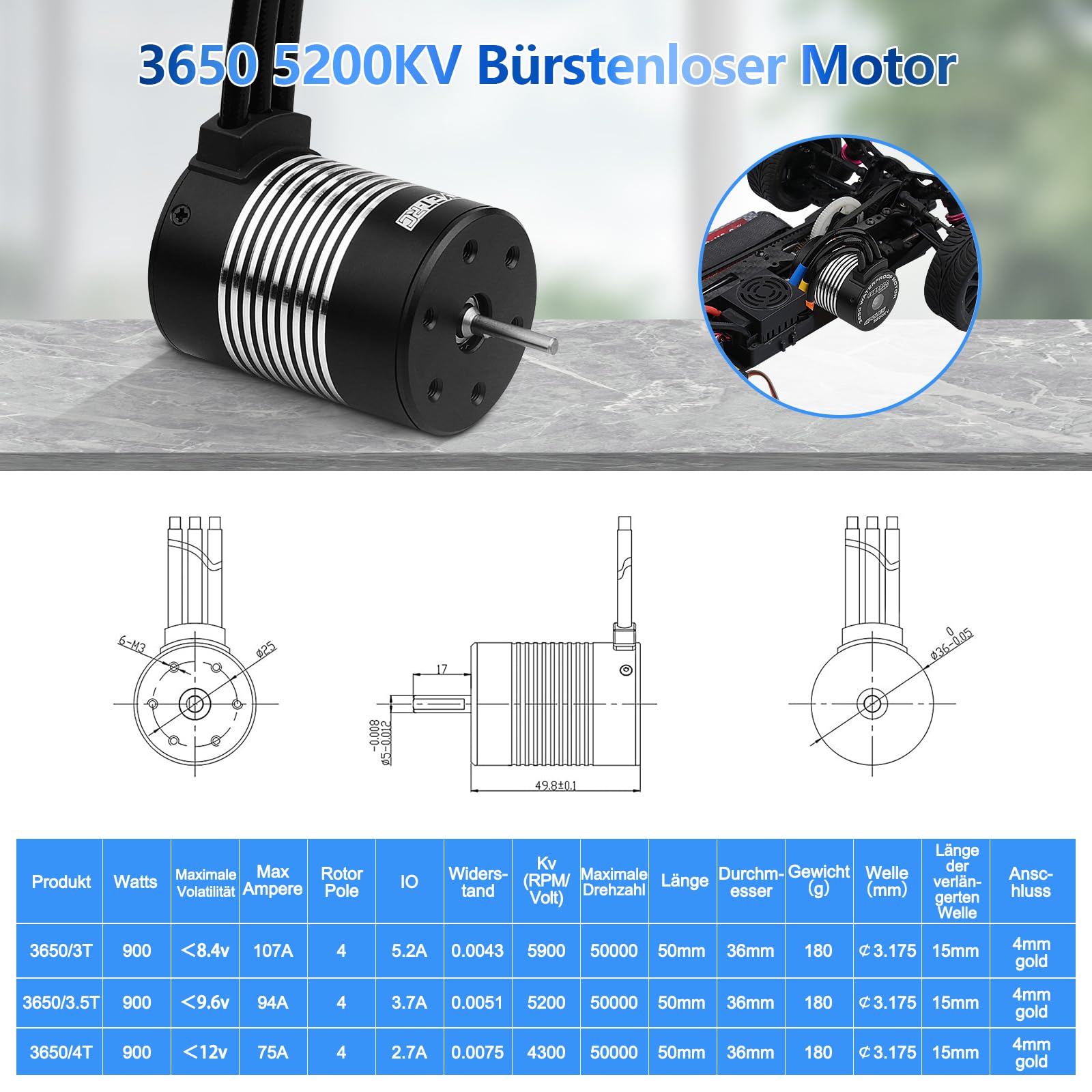 sikkeby RC Auto Motore brushless 1/10 540 3650 5200KV 3.175mm albero motore impermeabile ad alta velocità per la maggior parte delle 1:10 scala RC veicoli camion aggiornamento parti