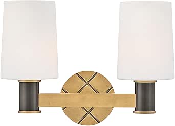 Hinkley Declan Small Two Light Bath Vanity, Etched Opal Glass Tapered Shades, Install Up/Down, Crosshatch Motif, Heritage Brass with Black Oxide Accent