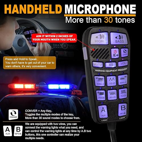 Miniatura 3 de Altavoz de Sirena de Policía de Emergencia Mejorado de 250W Sistema PA Delgado de Sirenas Multi-Tonos con Controlador Portátil y Micrófono Mic