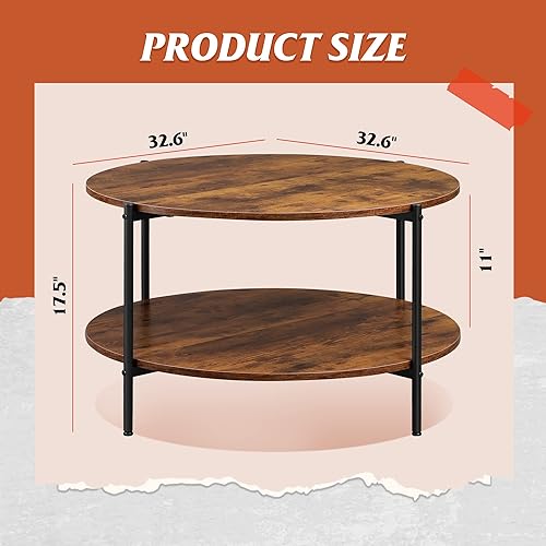 Miniatura 3 de WLIVE Mesa auxiliar redonda, mesa de centro pequeña de 32.6 pulgadas con estante de almacenamiento, mesa central de madera circular de 2 niveles